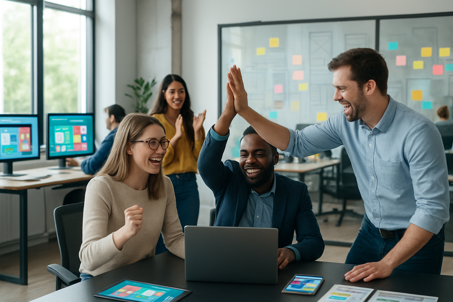 Create a realistic image of a modern office environment with multiple computer screens displaying colorful web applications and mobile apps, a diverse group of professionals including a white female developer and a black male entrepreneur celebrating around a laptop, successful startup atmosphere with sticky notes and wireframes on a glass wall, bright natural lighting from large windows, collaborative workspace with standing desks and modern furniture, celebratory mood with people giving high-fives, digital transformation concept with various app interfaces visible on monitors, absolutely NO text should be in the scene.