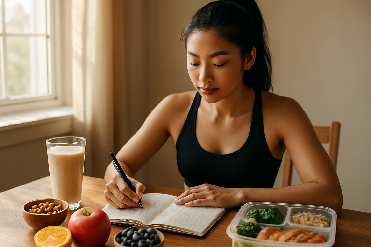 Create a realistic image of a young Asian female in athletic wear writing in a journal while sitting at a wooden table with a glass of protein smoothie, fresh fruits, nuts, and a meal prep container nearby, surrounded by natural morning sunlight streaming through a window, conveying a sense of organized healthy routine and commitment to wellness goals, with a calm and motivational atmosphere. Absolutely NO text should be in the scene.
