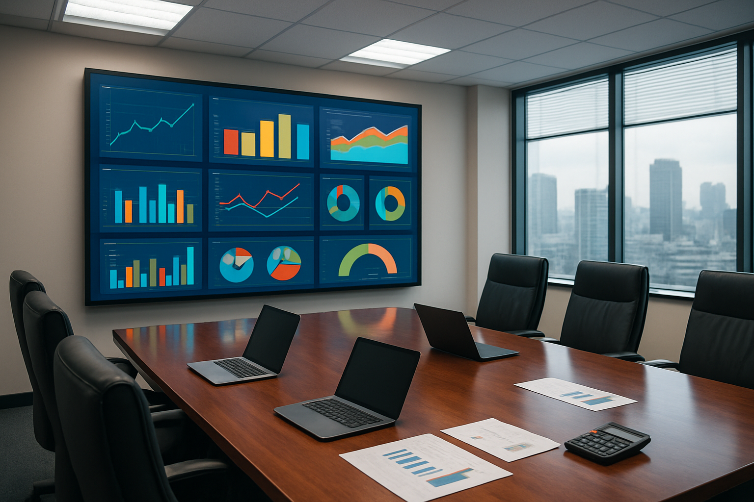 Create a realistic image of a modern government office conference room with a large digital dashboard displaying colorful analytics charts, graphs, and ROI metrics on a wall-mounted screen, with a polished wooden conference table in the foreground containing laptops, financial reports, and calculator, surrounded by professional office chairs, featuring clean fluorescent lighting and a formal business atmosphere with glass windows showing a city skyline in the background, absolutely NO text should be in the scene.