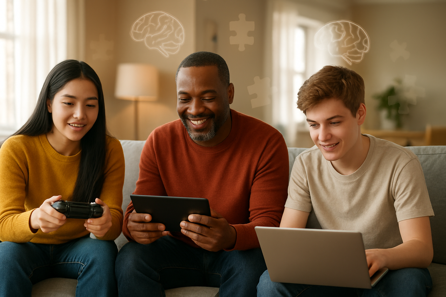 Create a realistic image of a diverse group of people including a young Asian female, a middle-aged Black male, and a white teenage male sitting in a modern, well-lit living room, each engaged with different gaming devices - one holding a controller, another using a tablet, and one at a laptop - with their faces showing concentration and enjoyment, while in the background there are floating translucent brain icons and puzzle pieces subtly integrated into the warm, inviting atmosphere with soft natural lighting streaming through large windows, creating an overall mood that conveys mental stimulation and cognitive enhancement through gaming activity, absolutely NO text should be in the scene.