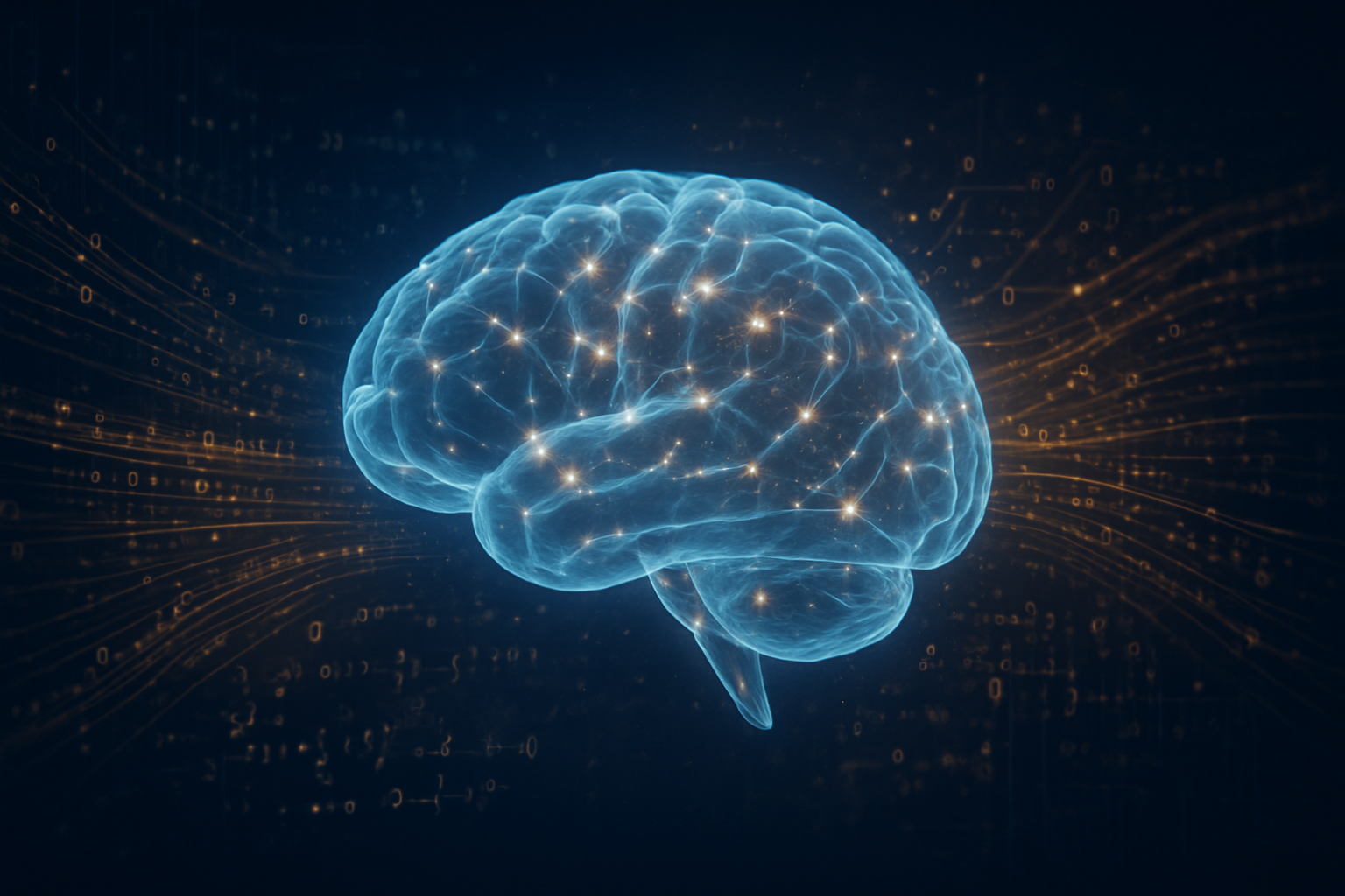 Create a realistic image of a human brain rendered in translucent blue and white tones floating in the center, with glowing neural pathways and synapses actively firing, surrounded by flowing streams of digital data, mathematical equations, and algorithmic patterns in soft golden light, set against a deep dark blue gradient background with subtle circuit board patterns, conveying an atmosphere of intellectual advancement and technological sophistication through warm ambient lighting that highlights the intersection of human cognition and artificial intelligence, absolutely NO text should be in the scene.