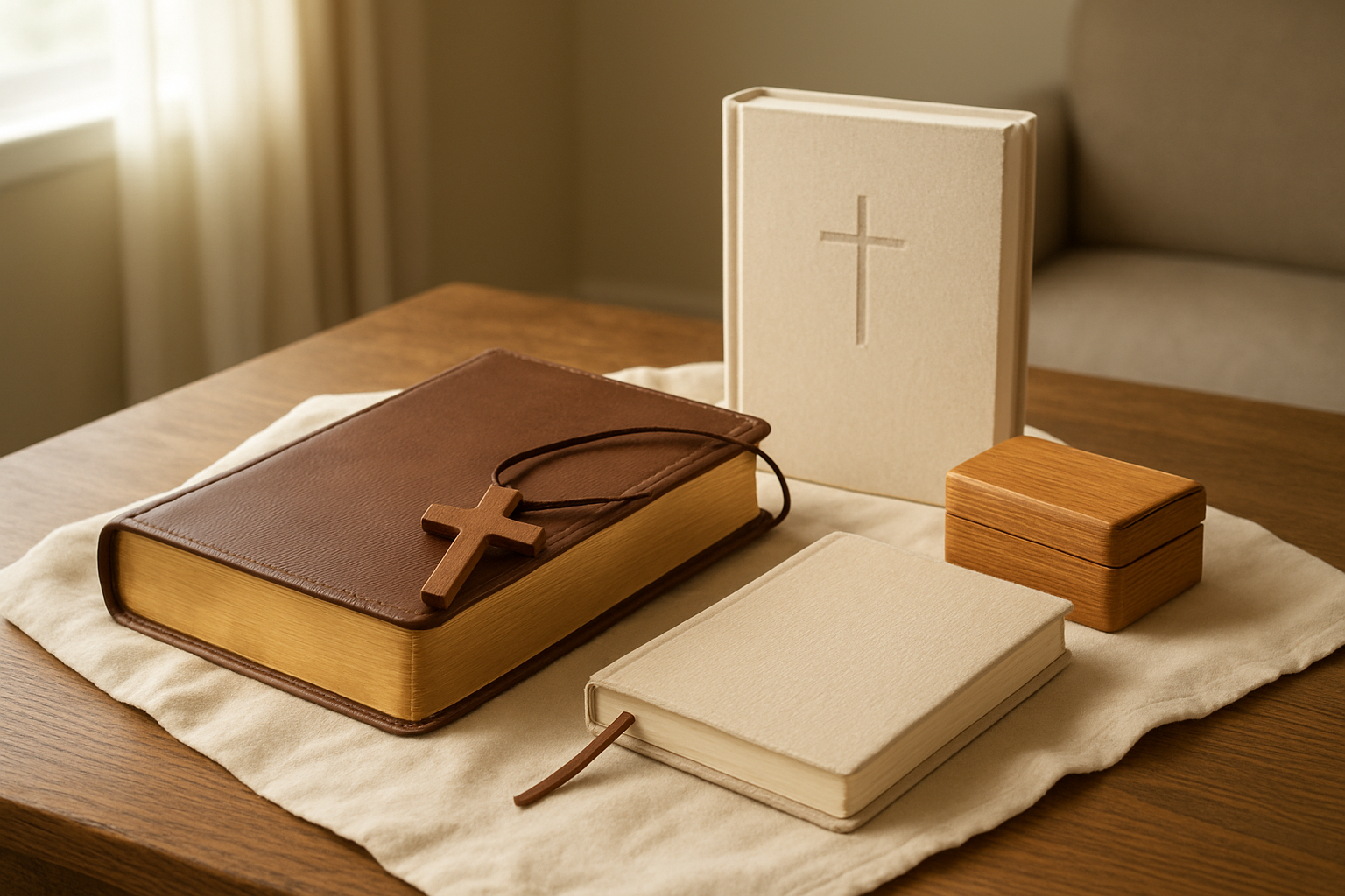 Create a realistic image of a wooden table displaying an elegant arrangement of faith-centered gifts including a leather-bound Bible with golden edges, a wooden cross pendant necklace, a devotional journal with a fabric bookmark, a small wooden prayer box, and a inspirational Christian book, all arranged on a soft cream-colored cloth with warm natural lighting from a nearby window creating gentle shadows, set against a peaceful home interior background with neutral tones, conveying a serene and spiritual atmosphere. Absolutely NO text should be in the scene.