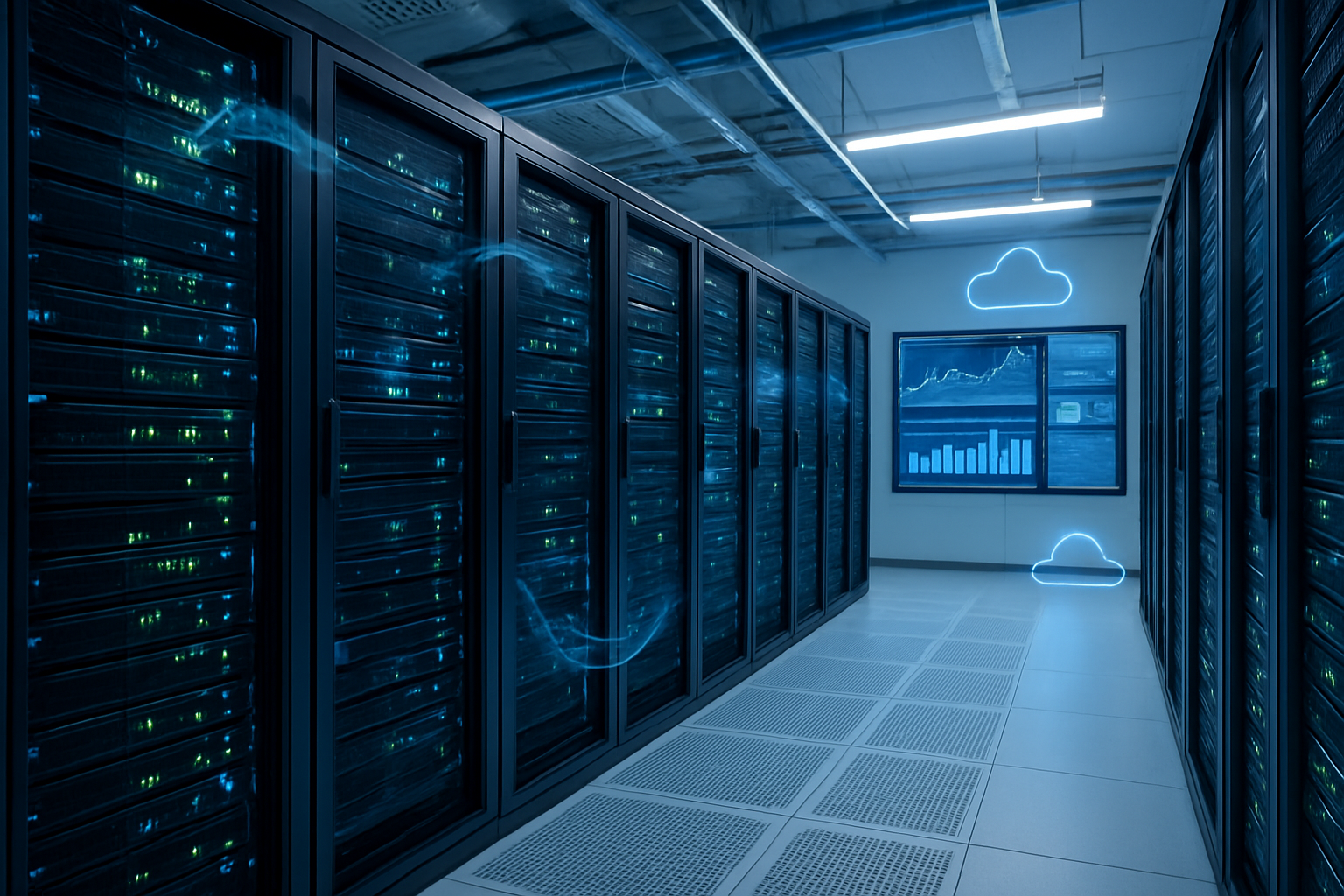 Create a realistic image of a modern data center with rows of server racks displaying glowing green and blue LED indicators, featuring energy-efficient cooling systems with visible airflow patterns, multiple digital monitoring screens showing performance graphs and cost analytics dashboards, AWS cloud infrastructure symbols subtly integrated into the environment, sleek cable management systems, and ambient blue-white lighting that emphasizes the high-tech, optimized operational environment, with a clean and organized atmosphere that conveys efficiency and cost-effectiveness, absolutely NO text should be in the scene.