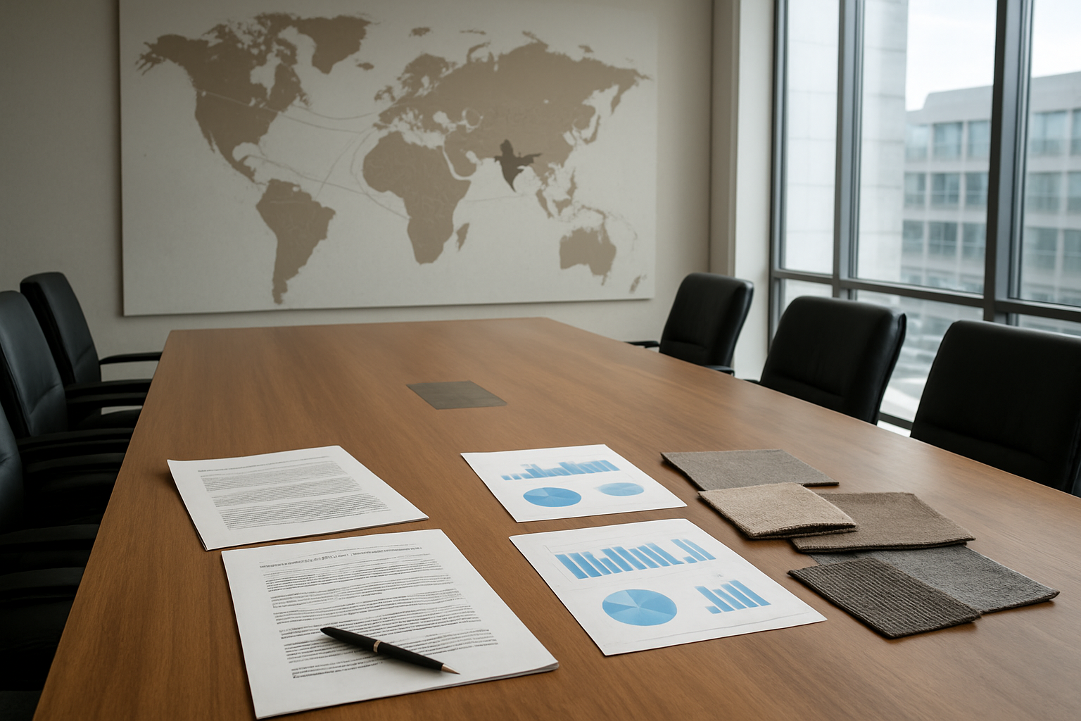 Create a realistic image of a modern office conference room with a large wooden table displaying official trade agreement documents, charts showing profit margins, and fabric samples scattered across the surface, with a world map on the wall highlighting trade routes between India and various countries, soft natural lighting from large windows, professional business atmosphere, absolutely NO text should be in the scene.