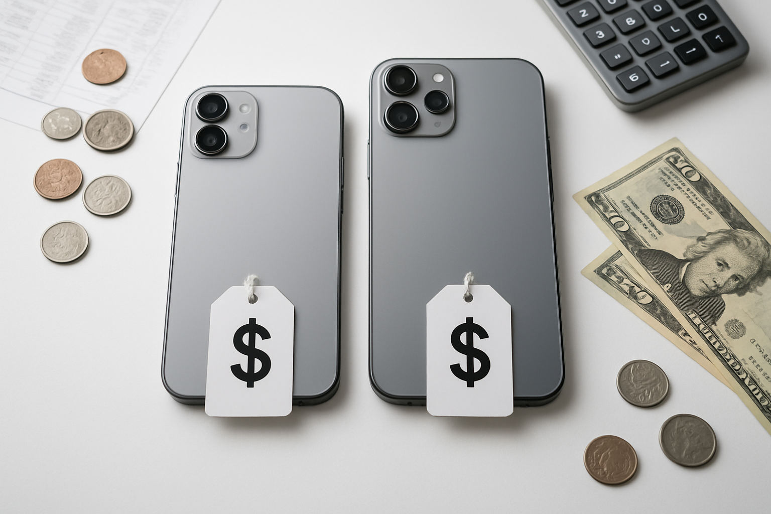 Create a realistic image of two modern smartphones, iPhone 16E and iPhone 16, positioned side by side on a clean white surface with price tags attached to each device showing dollar signs, surrounded by scattered coins and paper money, with a calculator and financial documents partially visible in the background, professional product photography lighting creating soft shadows, clean minimalist composition emphasizing value comparison, absolutely NO text should be in the scene.
