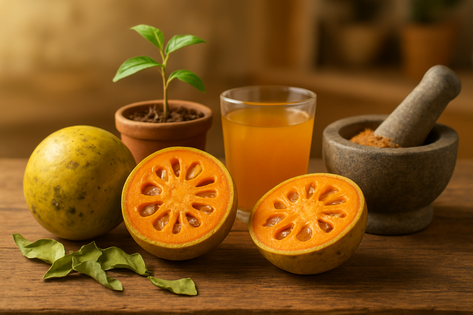 Create a realistic image of fresh bael fruits both whole and cut open displaying the aromatic pulp inside, arranged on a rustic wooden table alongside dried bael leaves, a mortar and pestle with ground bael powder, a glass of golden bael juice, and a small bael sapling in a terracotta pot, set against a soft natural kitchen background with warm golden lighting that emphasizes the fruit's medicinal and culinary significance, absolutely NO text should be in the scene.