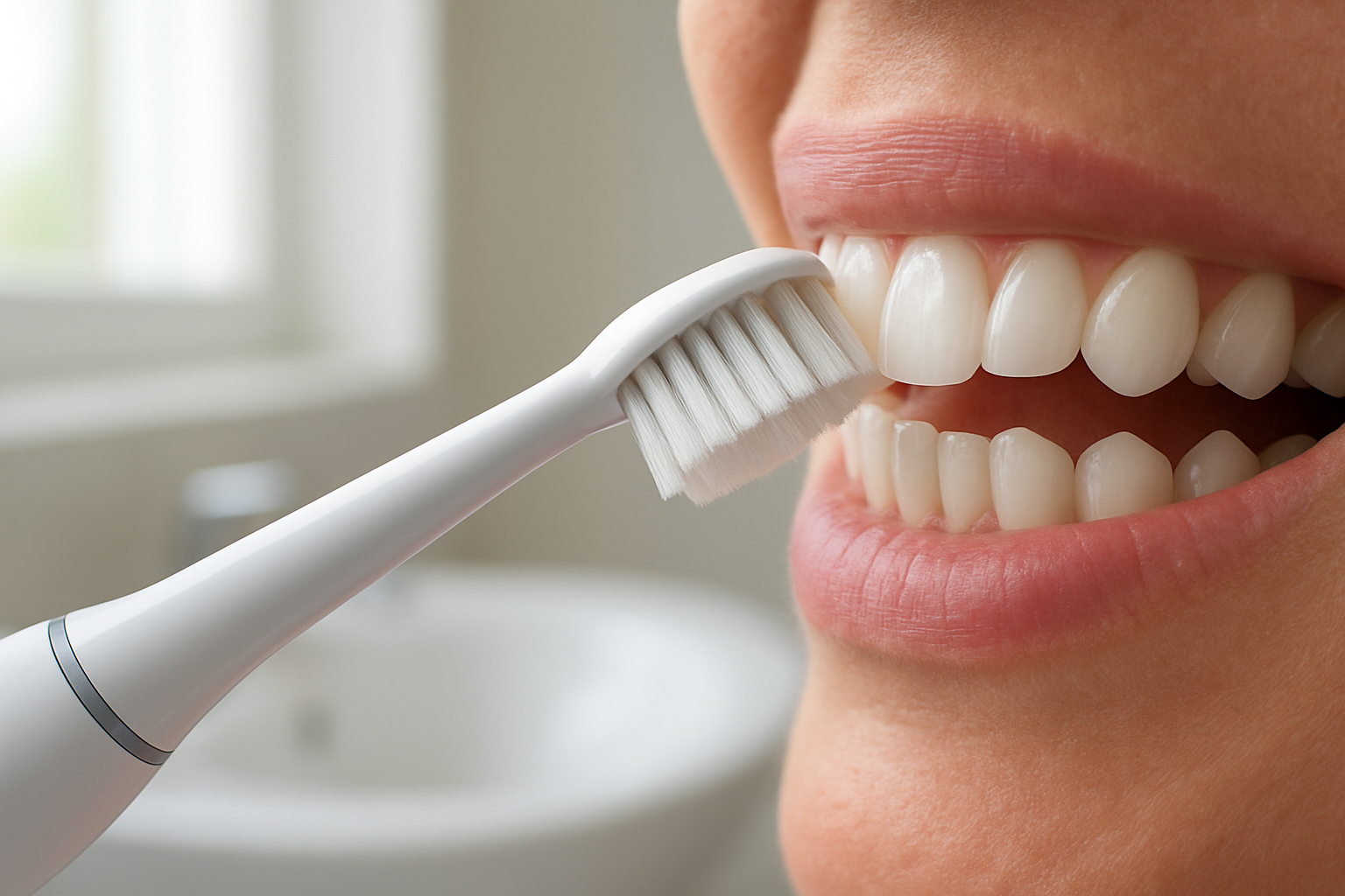 Create a realistic image of a close-up view of a modern electric toothbrush with white bristles positioned at a 45-degree angle against white teeth, showing proper brushing technique, with a clean bathroom sink and mirror slightly blurred in the background, soft natural lighting from a window creating a fresh morning atmosphere, focus on the precise positioning and gentle contact between brush and teeth to demonstrate correct foundation technique, absolutely NO text should be in the scene.