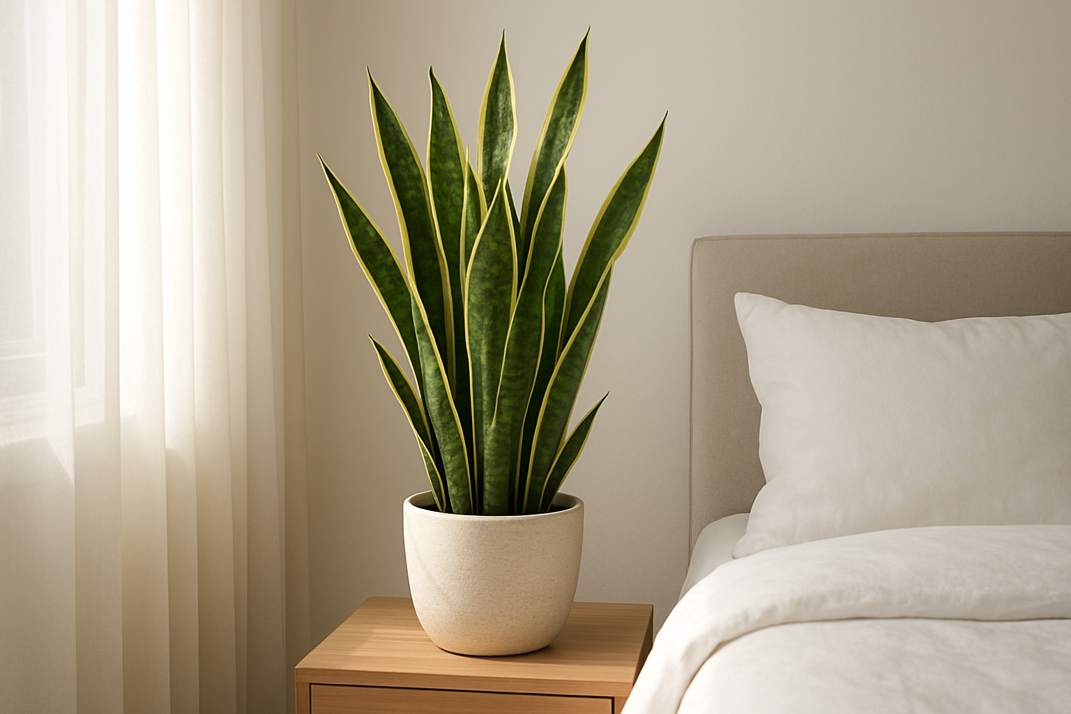 Create a realistic image of a tall, healthy snake plant (Sansevieria trifasciata) with thick, upright dark green leaves featuring yellow edges, positioned on a wooden nightstand next to a comfortable bed in a modern bedroom, with soft morning sunlight filtering through sheer curtains, creating a peaceful and fresh atmosphere that emphasizes the plant's air-purifying qualities, with clean white bedding and minimalist decor in the background. Absolutely NO text should be in the scene.