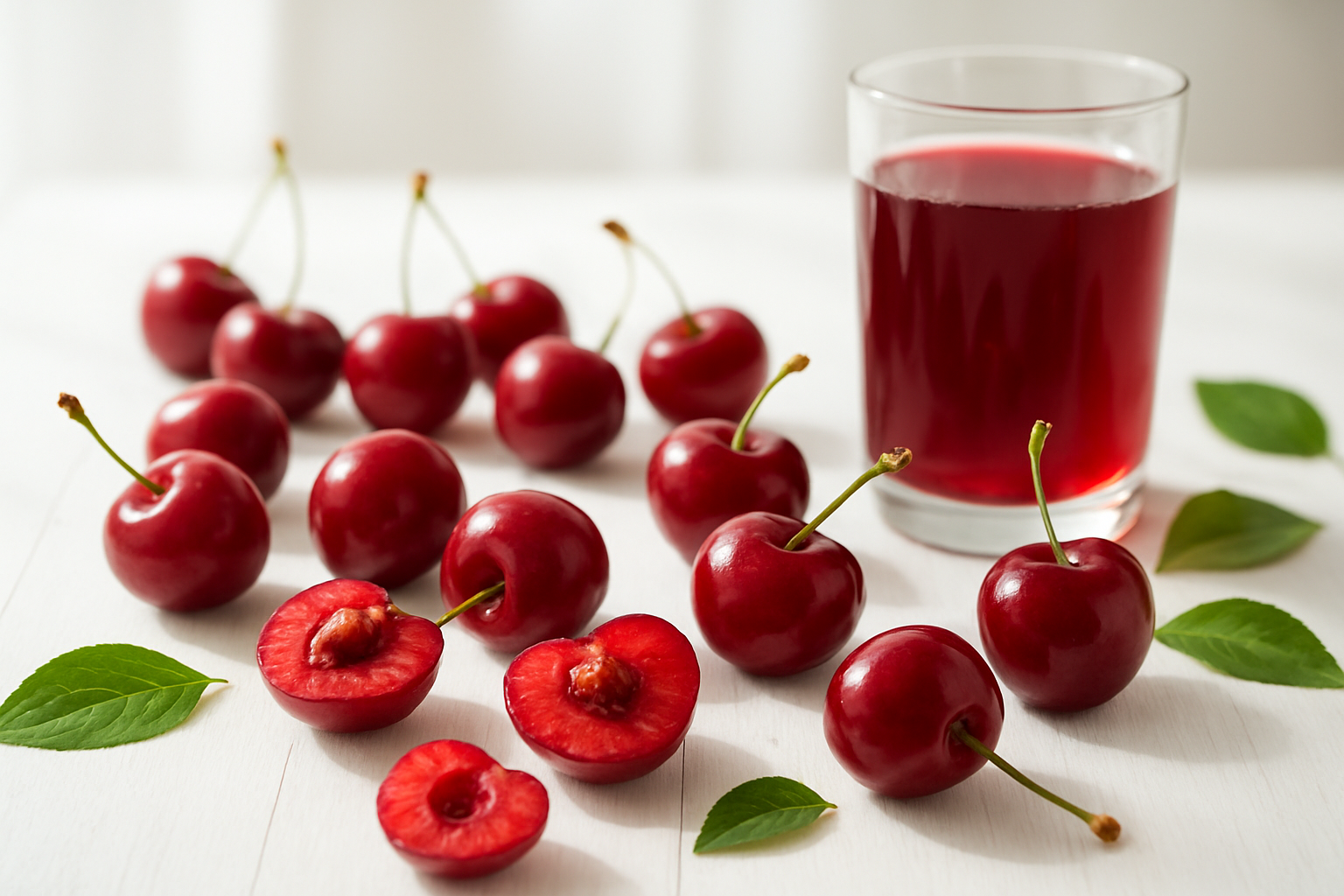 Create a realistic image of fresh, vibrant red cherries arranged beautifully on a clean white wooden surface, with some cherries cut in half to reveal their juicy flesh and pits, surrounded by subtle visual elements suggesting health and nutrition like a glass of fresh cherry juice, scattered cherry leaves, and soft natural lighting from a window creating gentle shadows, with a clean, bright background that emphasizes the cherries' rich color and glossy texture, conveying freshness and nutritional value. Absolutely NO text should be in the scene.