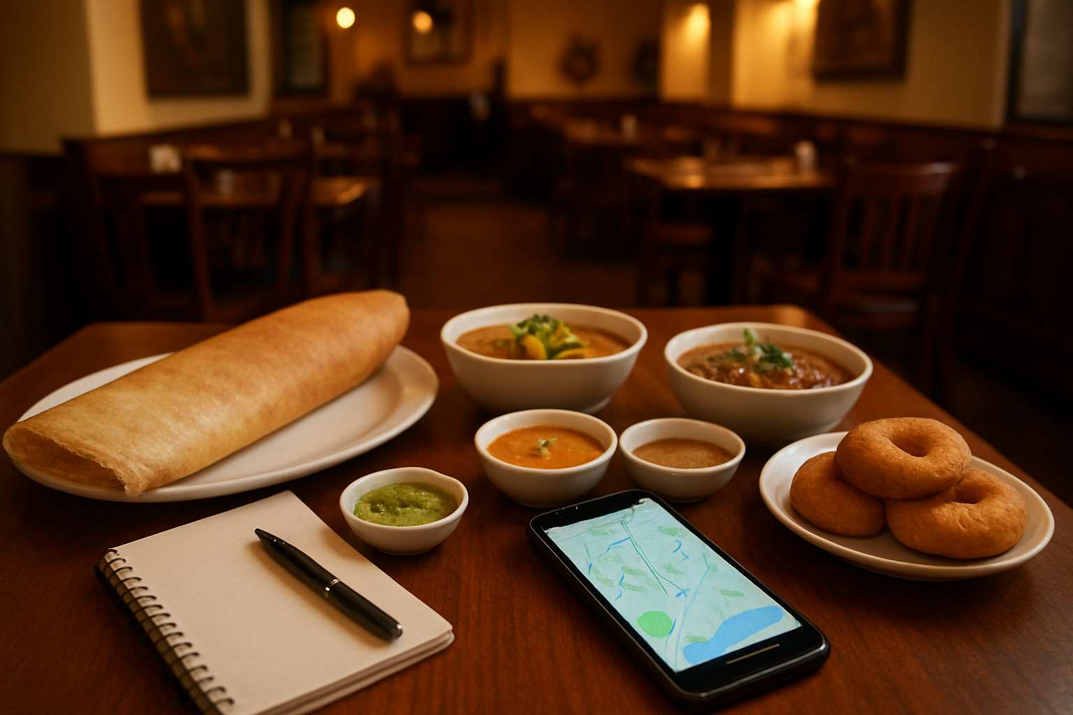 image of a well-organized dining table at an Indian vegetarian restaurant in Singapore, featuring a small notebook with a pen, a smartphone displaying a map app, and a colorful spread of Indian vegetarian dishes such as dosas, curries, and chutneys, with a warm and inviting restaurant interior in the background featuring soft ambient lighting, wooden furniture, and subtle Indian decor elements, conveying a smart and prepared dining experience. Absolutely NO text should be in the scene.