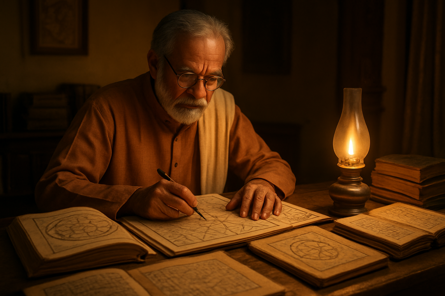 Create a realistic image of an elderly South Asian male astrologer sitting at a wooden desk studying traditional Indian almanac books and star charts, with detailed astrological calendars and constellation diagrams spread across the table, surrounded by ancient Sanskrit texts and mathematical calculations on parchment, warm golden lighting from an oil lamp illuminating the scholarly workspace, peaceful indoor setting with traditional decor in the background, absolutely NO text should be in the scene.