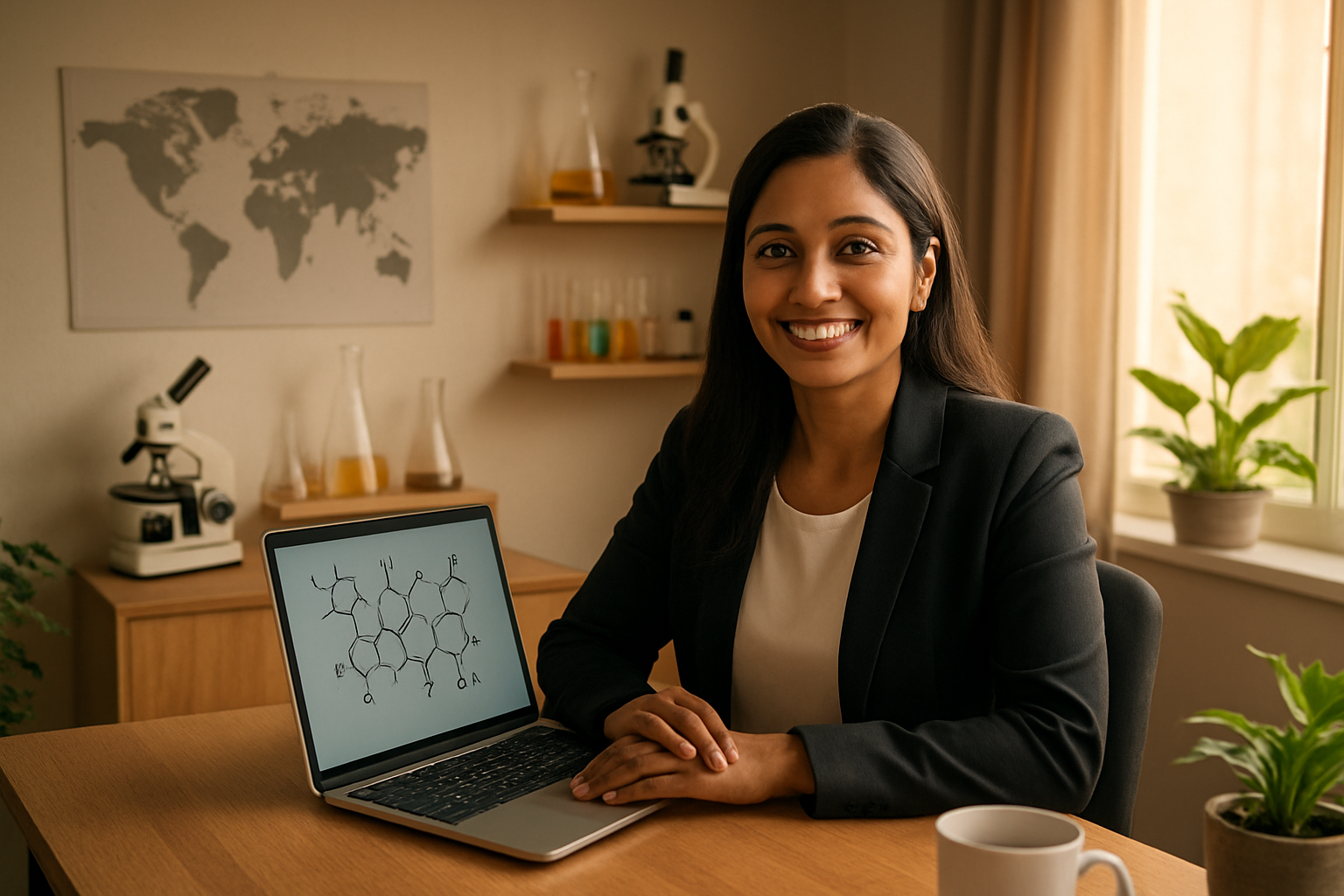 Create a realistic image of a successful Indian professional, a South Asian female in her early 30s, sitting at a modern home office desk with a laptop displaying molecular structure diagrams, laboratory equipment like microscopes and test tubes arranged on floating shelves in the background, a world map on the wall with India highlighted, warm natural lighting streaming through a window, plants adding greenery to the workspace, the scene conveying achievement and success in remote life sciences career, shot from a slightly elevated angle showing the organized and professional home laboratory setup, soft morning light creating an inspiring and productive atmosphere, absolutely NO text should be in the scene.