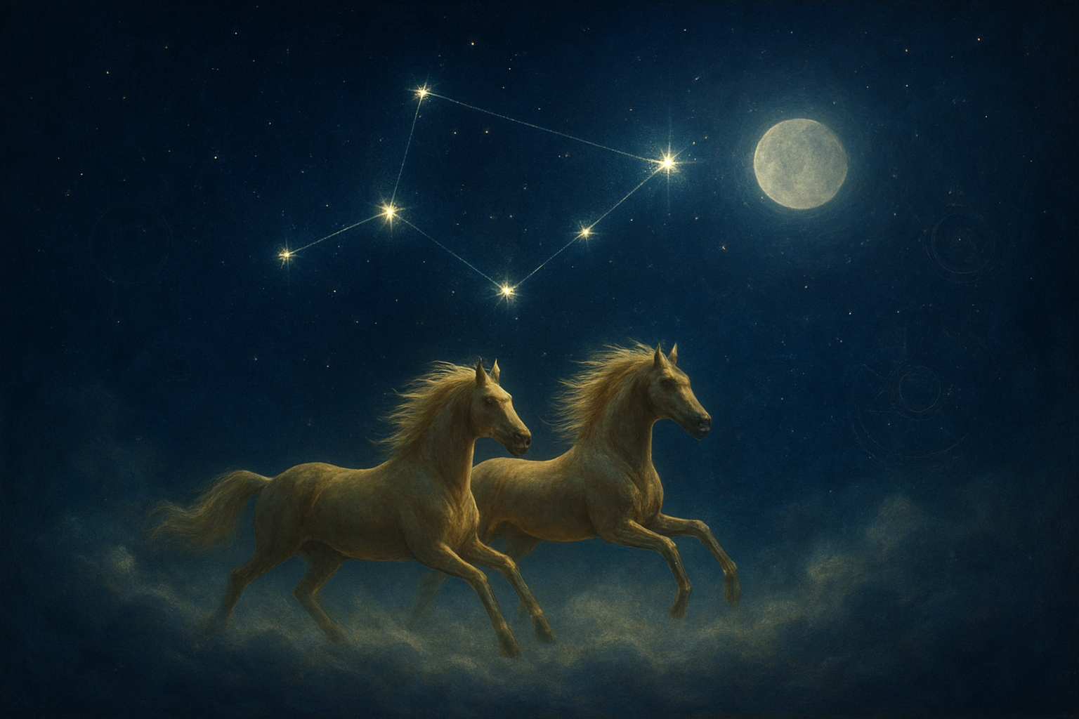 Create a realistic image of a serene nighttime scene featuring a bright constellation of stars forming the Ashwini nakshatra pattern in a deep indigo sky, with two golden horses galloping gracefully across ethereal clouds below the stars, surrounded by soft celestial light and cosmic energy radiating gentle healing aura, ancient Sanskrit astronomical symbols subtly glowing in the background, peaceful moonlight illuminating the mystical atmosphere, creating a sense of completion and spiritual wisdom, absolutely NO text should be in the scene.