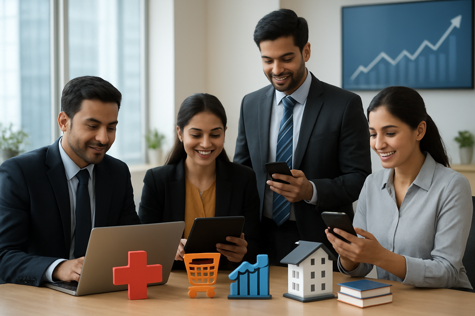Create a realistic image of a modern Pakistani business environment showing various industry sectors represented through symbolic objects and technology, featuring a diverse group of South Asian male and female professionals working with digital devices like laptops, tablets and smartphones, with industry symbols including healthcare crosses, e-commerce shopping carts, financial charts, education books, and real estate building models arranged on a contemporary office desk, bright natural lighting from large windows, clean modern office background with growth charts and upward trending arrows displayed on wall monitors, professional and optimistic mood conveying business growth and digital transformation, absolutely NO text should be in the scene.