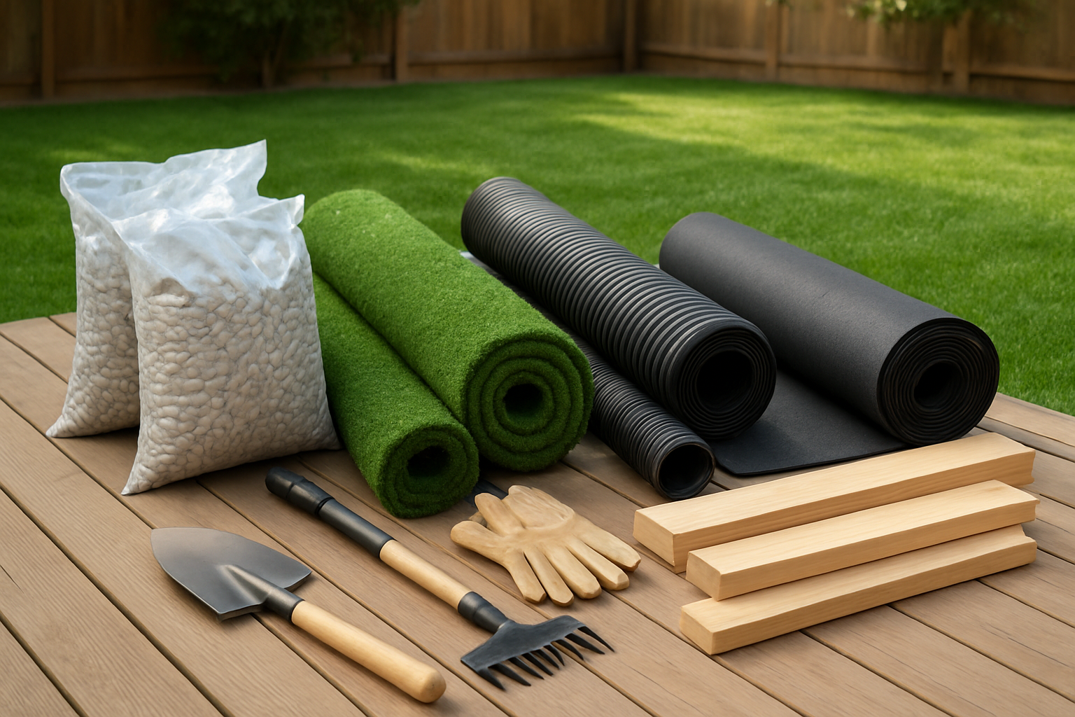 Create a realistic image of various materials and supplies laid out on a wooden deck or patio surface for creating a dog potty area, including bags of gravel, artificial turf rolls, drainage pipes, landscape fabric, wooden border planks, a shovel, rake, measuring tape, work gloves, and small potted plants arranged in an organized display, with a residential backyard setting in the background featuring green grass and fence, bright natural daylight lighting, clean and professional arrangement. Absolutely NO text should be in the scene.