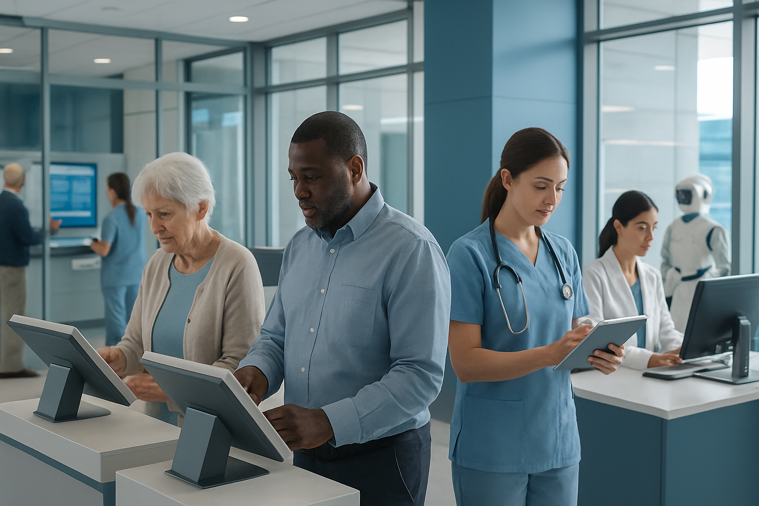 Create a realistic image of a modern government healthcare facility with diverse patients including a white elderly female and black middle-aged male interacting with digital kiosks and tablets, healthcare workers using AI-powered devices and computers, sleek contemporary interior design with glass panels and clean lines, soft natural lighting from large windows, people accessing social services through touchscreen interfaces, robotic assistance visible in the background, professional and welcoming atmosphere with blues and whites color scheme, absolutely NO text should be in the scene.