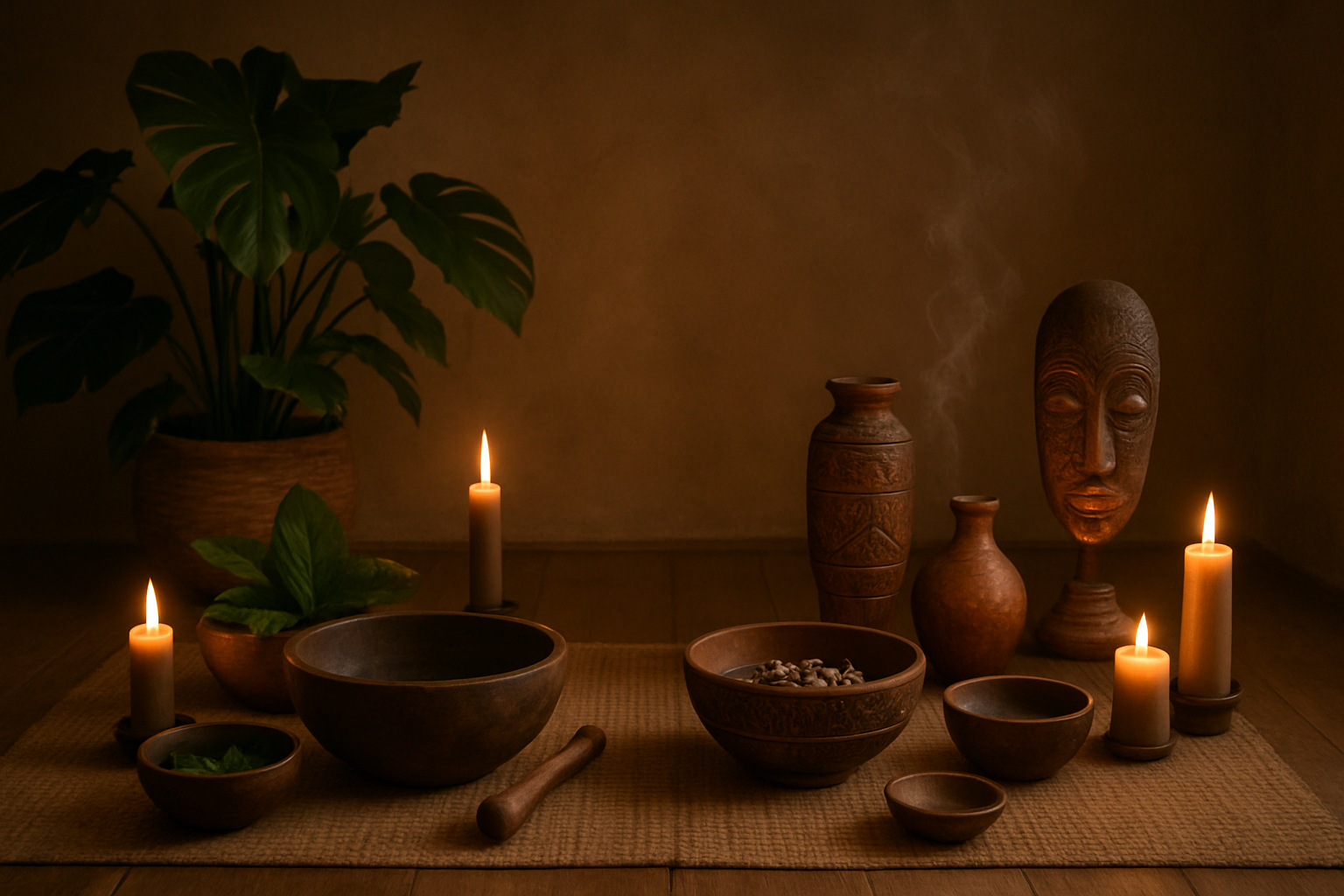 Create a realistic image of a serene meditation space with two distinct ceremonial areas side by side, one featuring traditional Amazonian ayahuasca ceremony elements with wooden bowls and jungle plants, the other showing African iboga root ceremony setup with carved wooden vessels and tribal artifacts, soft candlelight illuminating both spaces, peaceful atmosphere suggesting different spiritual journey experiences, natural earth tones throughout the scene, wooden floor with woven mats, subtle incense smoke in the air, absolutely NO text should be in the scene.