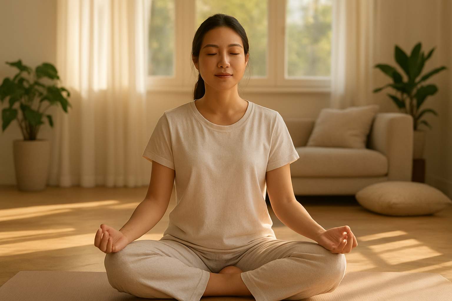 Create a realistic image of a peaceful Asian female in her 20s sitting cross-legged in a lotus position on a yoga mat in a bright, airy living room with soft natural sunlight streaming through large windows, her eyes gently closed with a serene expression, wearing comfortable light-colored clothing, surrounded by a clean minimalist space with a few potted plants and soft cushions, creating a calm and inviting atmosphere that emphasizes tranquility and the benefits of starting meditation, with warm golden hour lighting casting gentle shadows, absolutely NO text should be in the scene.