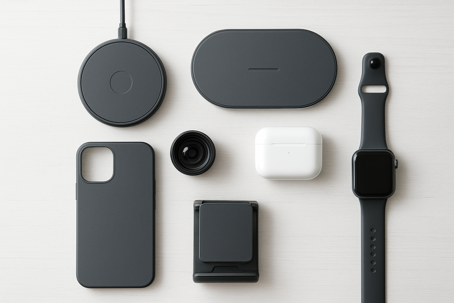 Create a realistic image of a modern flat lay composition featuring various smart smartphone accessories neatly arranged on a clean white wooden desk surface, including wireless charging pads, smartphone camera lenses, wireless earbuds in their case, a sleek phone case, a fitness smartwatch, and a portable phone stand, with soft natural lighting from above creating gentle shadows, shot from a top-down perspective to showcase all accessories clearly, with a minimalist and organized aesthetic that conveys technology and efficiency, absolutely NO text should be in the scene.