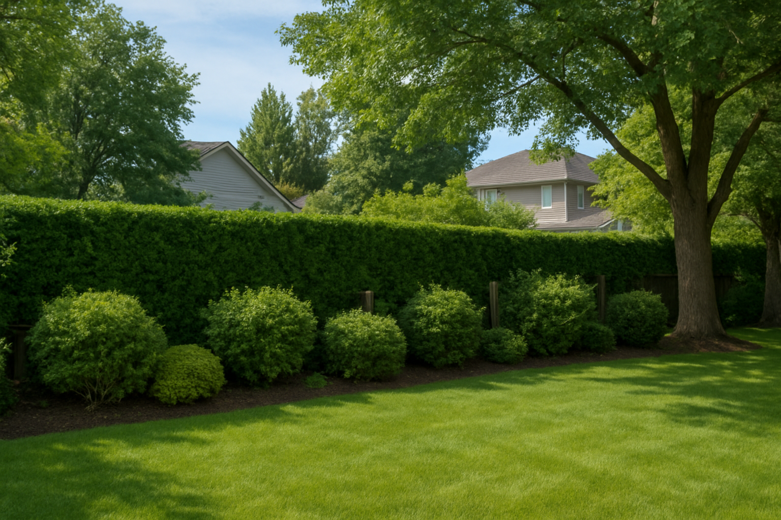 Create a realistic image of a residential backyard featuring natural landscape barriers including dense hedge rows, ornamental shrubs, and strategically planted bushes forming a natural boundary around the property perimeter, with a well-maintained lawn in the foreground, mature trees providing partial shade, wooden fence posts integrated with the greenery, suburban houses visible in the background, bright daylight with soft shadows, showcasing an affordable and effective natural dog containment solution, absolutely NO text should be in the scene.