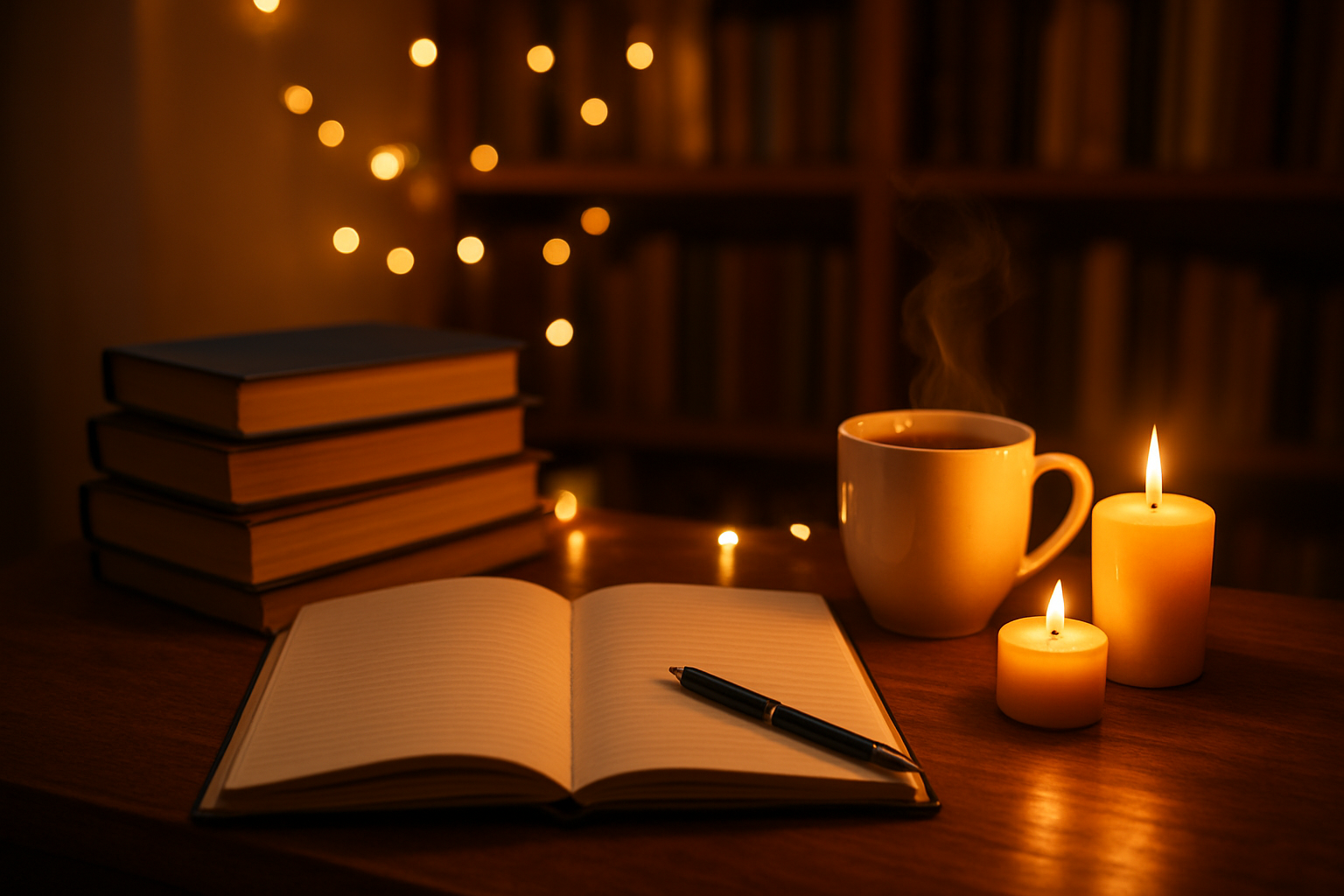 Create a realistic image of a cozy reading nook with an open journal or notebook on a wooden desk, surrounded by warm candlelight and fairy lights, with a stack of books nearby including one that appears to be "The Midnight Library," a steaming cup of tea, and a pen resting beside the journal, set against a softly lit room with bookshelves in the background, creating an intimate and contemplative atmosphere perfect for self-reflection and goal-setting, with warm golden lighting that suggests evening or nighttime, absolutely NO text should be in the scene.