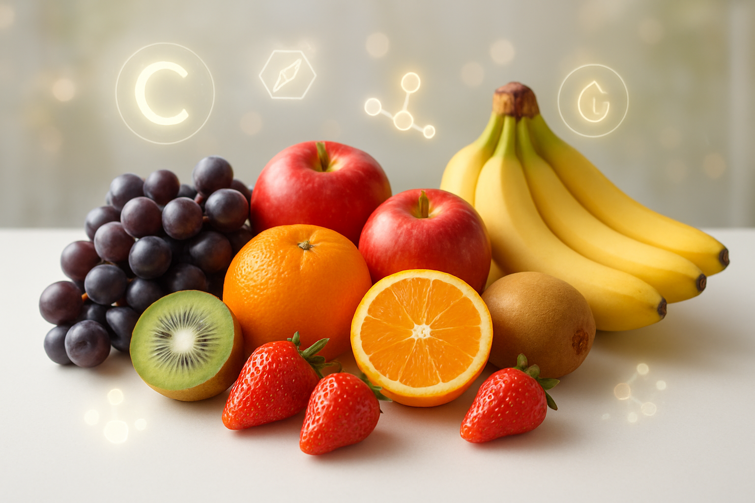 Create a realistic image of a vibrant display of various fresh fruits arranged on a clean white surface, including colorful oranges, red apples, yellow bananas, purple grapes, green kiwis, and bright strawberries, with subtle visual representations of nutrients like vitamin C symbols, fiber icons, and antioxidant molecules floating translucently around the fruits, set against a soft natural lighting background with a gentle bokeh effect, conveying health and nutrition in a clean, scientific yet appealing presentation, absolutely NO text should be in the scene.
