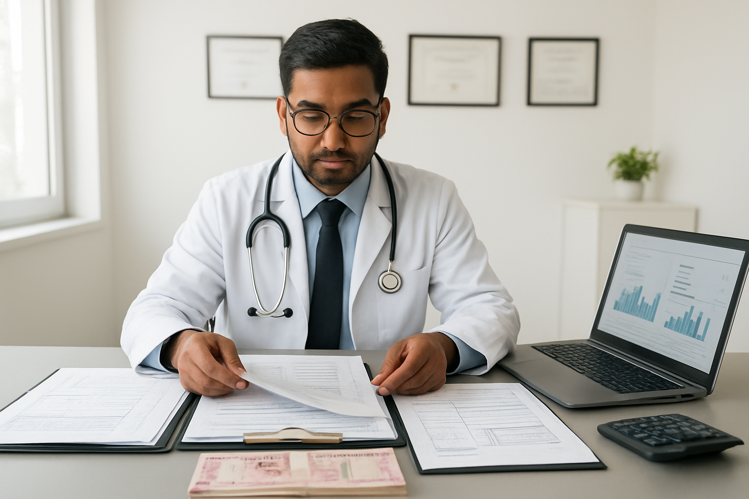 Create a realistic image of a modern medical consultation room with a sleek desk displaying multiple open folders containing medical charts and cost breakdown documents, a calculator, Indian rupee currency notes neatly arranged, and a laptop showing clinic comparison data, with a professional South Asian male doctor in a white coat sitting behind the desk reviewing the documents, clean white medical office background with certificates on the wall, bright natural lighting from a window, conveying a sense of transparency and professional assessment, absolutely NO text should be in the scene.