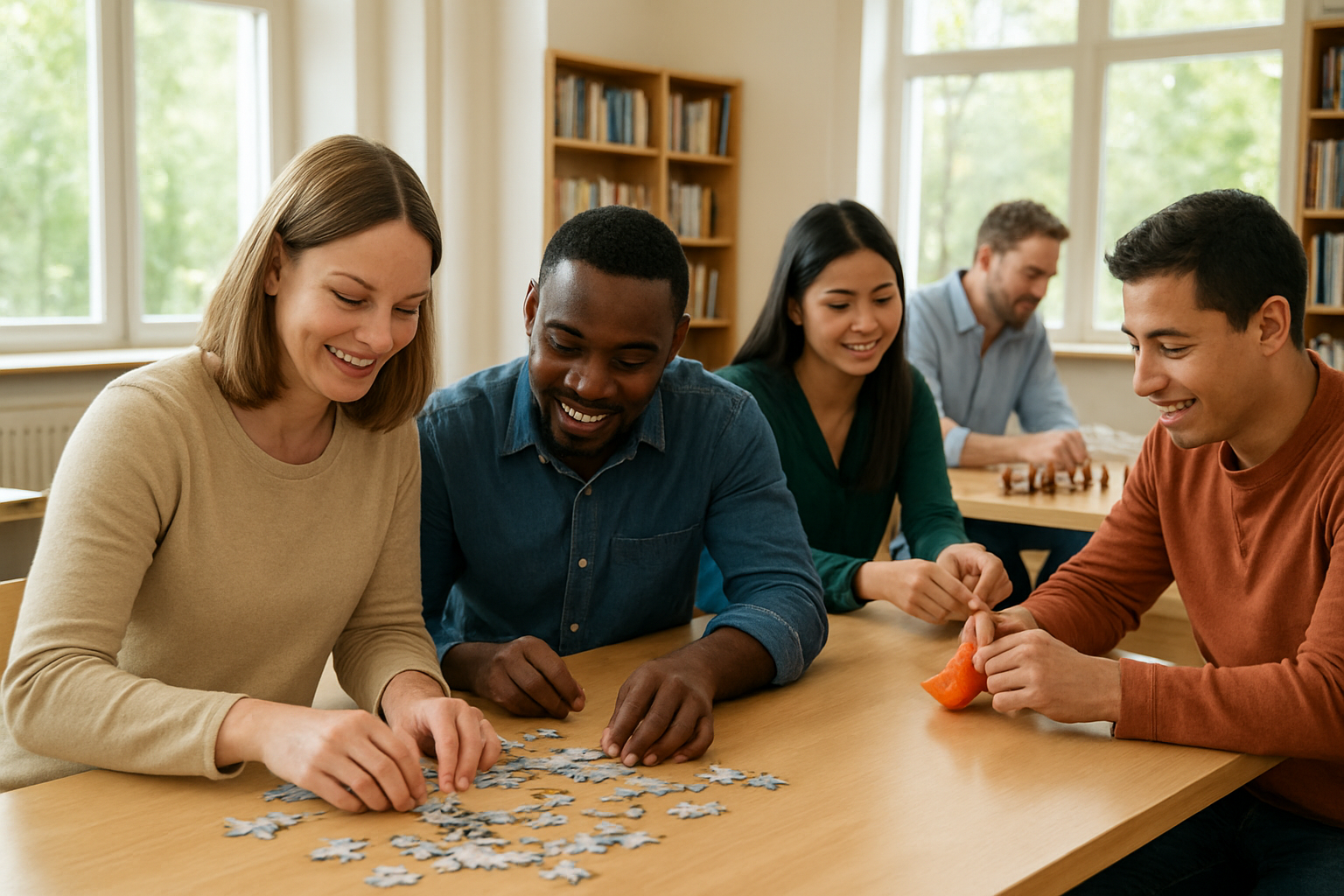 Create a realistic image of a diverse group of adults engaged in collaborative brain training activities in a bright, modern community center room, featuring a white female and black male working together on a puzzle at a wooden table, an Asian female teaching origami to a Hispanic male nearby, and a white male and black female playing chess in the background, with natural lighting streaming through large windows, bookshelves filled with educational materials along the walls, and a warm, encouraging atmosphere that promotes learning and social interaction, absolutely NO text should be in the scene.