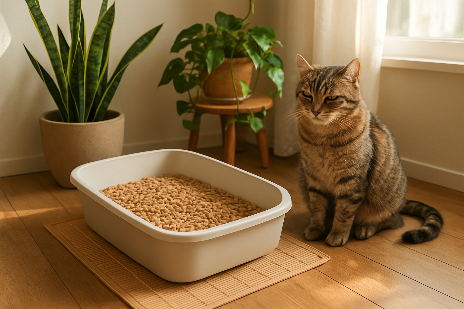 Create a realistic image of a serene home interior scene featuring a clean, modern litter box filled with natural wood pellet eco-friendly cat litter placed on a bamboo mat, with a content tabby cat sitting peacefully nearby, surrounded by green houseplants including a snake plant and pothos, natural sunlight streaming through a window creating soft shadows, wooden flooring and earth-tone decor elements, conveying a harmonious blend of pet care and environmental consciousness in a bright, airy living space. Absolutely NO text should be in the scene.