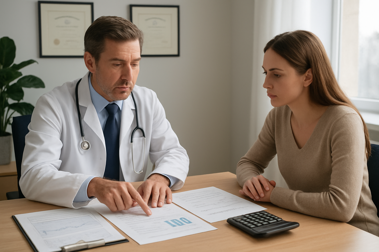 Create a realistic image of a modern medical consultation room with a white male doctor in a white coat sitting at a desk across from a white female patient, with financial documents, medical charts, and a calculator spread on the desk between them, the doctor pointing to various pricing factors on paperwork while the patient listens attentively, soft natural lighting coming through a window, professional healthcare setting with medical diplomas on the wall and a plant in the corner, conveying a serious but informative consultation atmosphere about treatment costs, absolutely NO text should be in the scene.