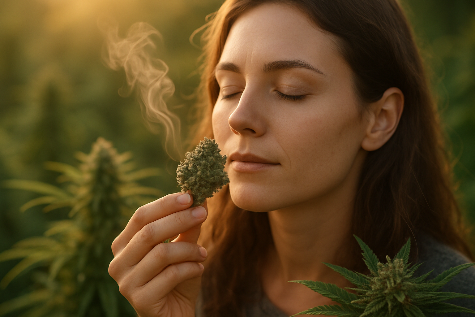 Create a realistic image of a serene person with closed eyes gently inhaling from a cannabis flower, with visible aromatic vapor wisps rising upward in golden sunlight, surrounded by lush green cannabis plants with detailed trichomes, set against a soft-focus natural background with warm, diffused lighting that creates a peaceful and uplifting atmosphere, emphasizing the sensory experience and therapeutic effects of cannabis consumption, absolutely NO text should be in the scene.