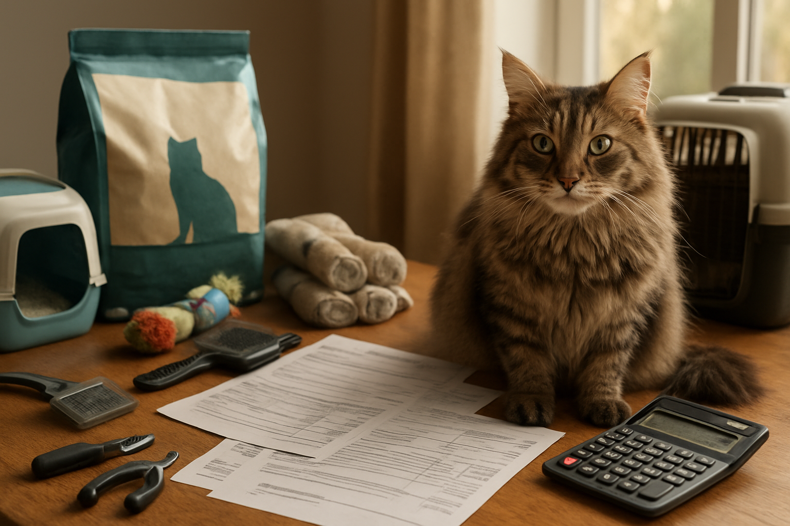 Create a realistic image of a Maine Coon cat sitting next to various pet care items and bills scattered on a wooden table, including veterinary bills, pet insurance documents, a premium cat food bag, grooming tools like brushes and nail clippers, a cat carrier, litter bags, toys, and a calculator showing expensive numbers, with soft natural lighting from a nearby window creating a warm domestic atmosphere that conveys the financial planning aspect of pet ownership, absolutely NO text should be in the scene.