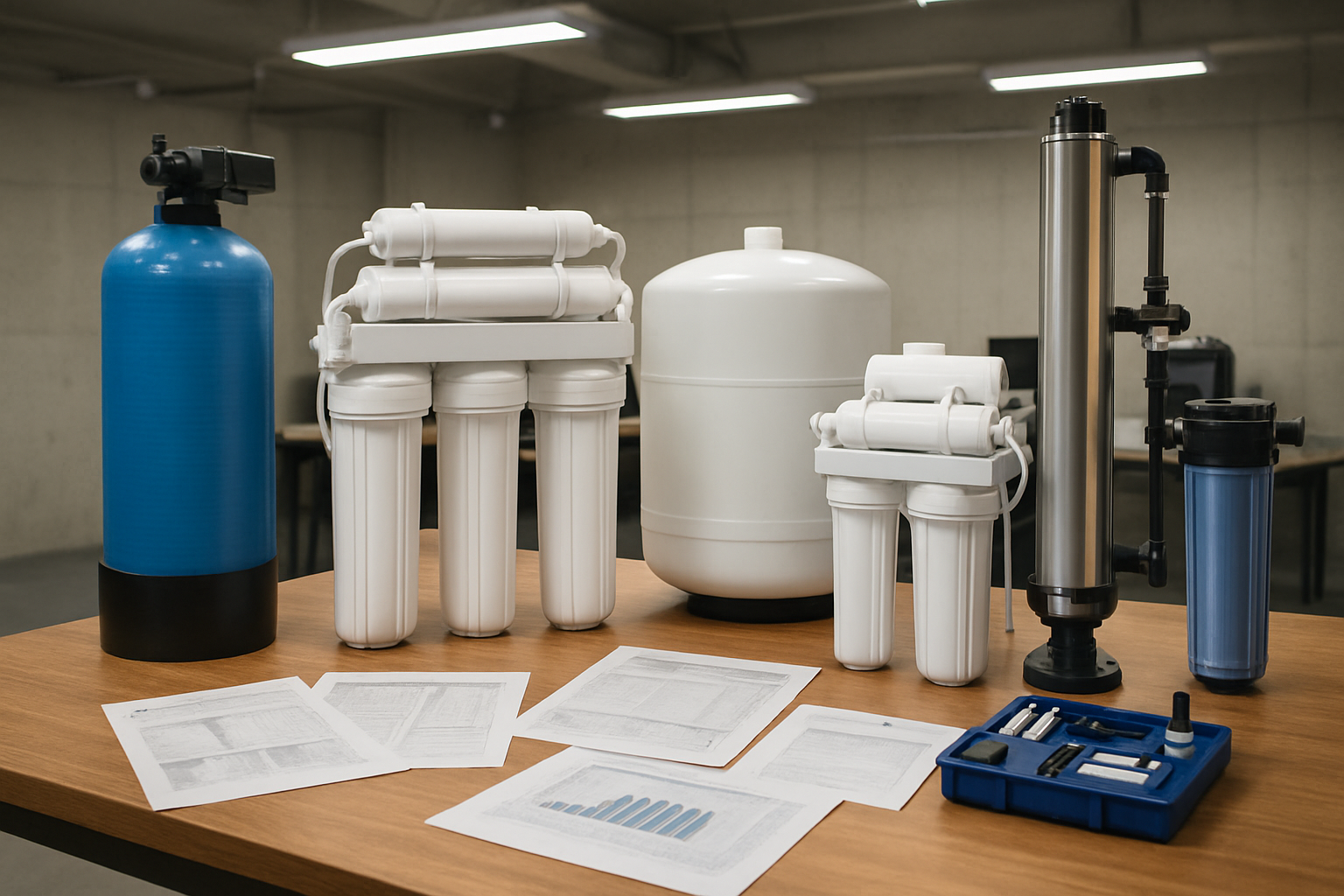 Create a realistic image of various water purification systems and equipment displayed on a wooden table in an industrial setting, including reverse osmosis units, UV sterilizers, filtration tanks, and water testing kits, with technical specification charts and comparison documents spread nearby, set in a well-lit office or equipment room with concrete walls and fluorescent lighting, conveying a professional decision-making environment for selecting industrial water treatment solutions, absolutely NO text should be in the scene.