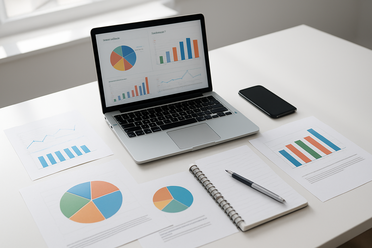 Create a realistic image of a modern office desk from above showing a clean workspace with financial charts and pie charts displaying different asset allocation percentages spread across the surface, a sleek laptop computer displaying a portfolio dashboard, a smartphone, a notepad with a pen, and some colorful bar graphs representing different investment categories like stocks, bonds, and real estate, all arranged neatly on a white desk surface with soft natural lighting from a window, creating a professional and organized atmosphere that conveys strategic financial planning, absolutely NO text should be in the scene.