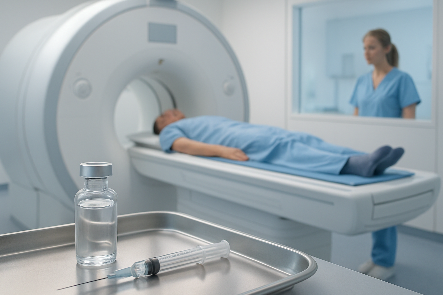 Create a realistic image of a modern MRI machine in a clean medical facility with a patient lying on the examination table being slowly moved into the scanner, showing a clear glass vial of Clariscan contrast agent in the foreground on a medical tray alongside a syringe, with soft clinical lighting illuminating the white and blue medical environment, a white female technician in scrubs monitoring the procedure from behind a glass window, emphasizing the precise medical equipment and sterile hospital setting, absolutely NO text should be in the scene.