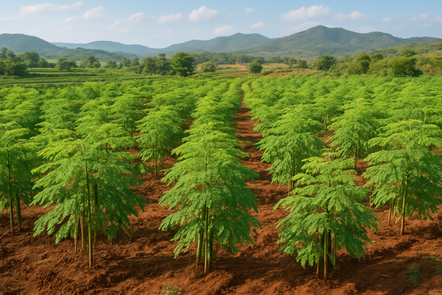 Create a realistic image of lush green moringa plantations stretching across fertile Indian farmland with traditional farming terraces, featuring abundant moringa trees with their distinctive feathery leaves and long seed pods, set against a backdrop of rolling hills and blue skies with soft natural lighting, showing the rich agricultural landscape that makes India the world's leading moringa producer, with rich brown soil and organized rows of healthy moringa plants demonstrating premium cultivation quality. Absolutely NO text should be in the scene.