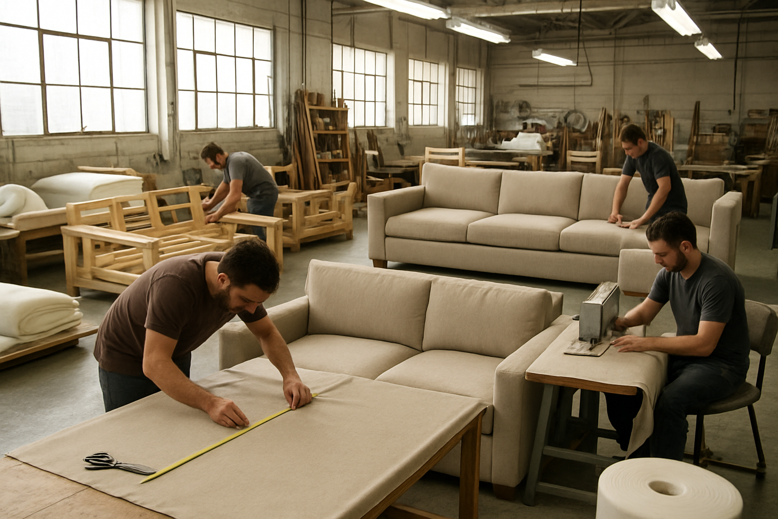 Create a realistic image of a furniture manufacturing workshop showing the custom tailoring and production process of a 7-seat sectional sofa, featuring skilled craftsmen working on upholstery with fabric cutting tables, sewing machines, wooden sofa frames in various stages of assembly, foam padding materials, measuring tools, and professional upholstery equipment in a well-lit industrial workspace with concrete floors and large windows providing natural lighting, absolutely NO text should be in the scene.