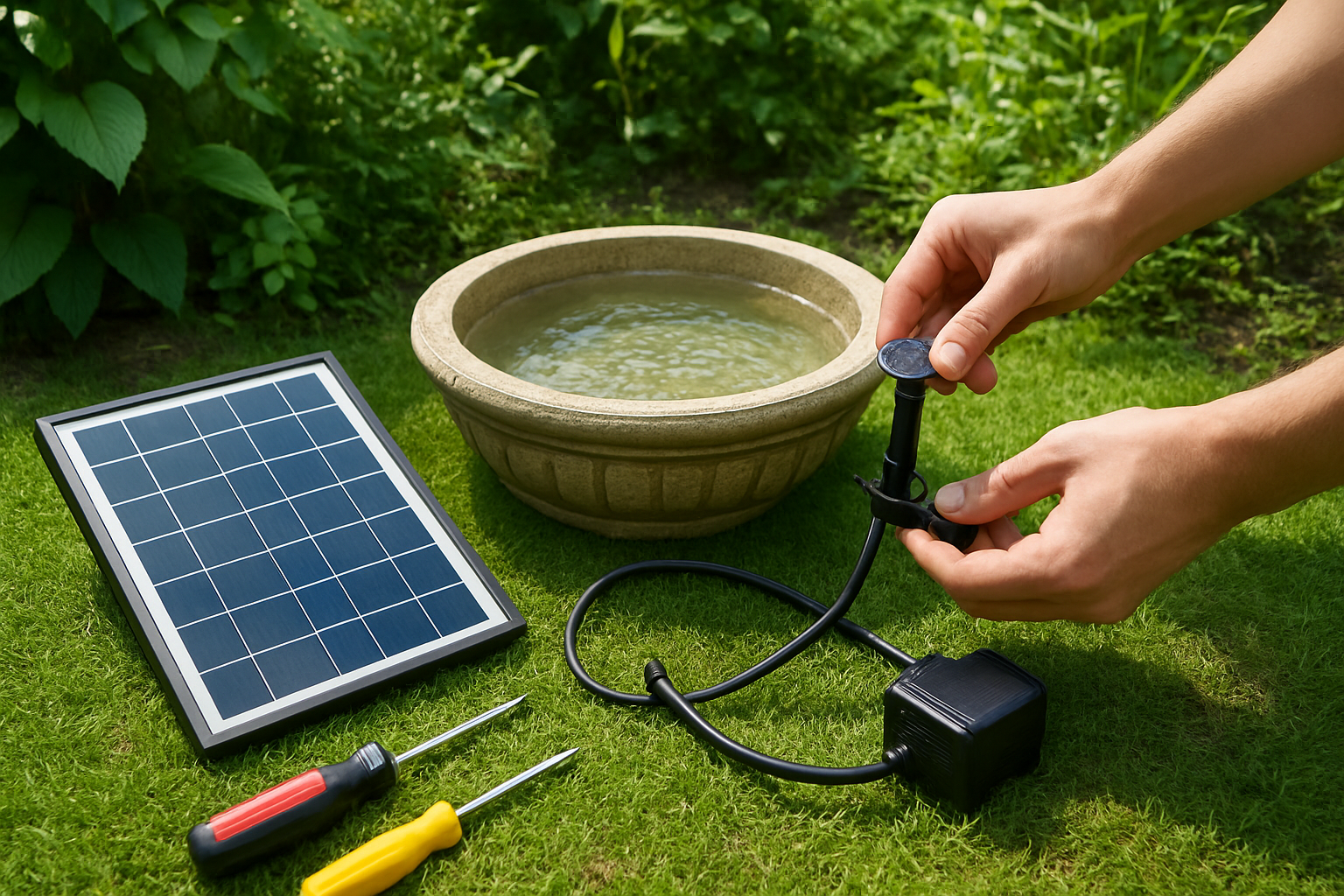 Create a realistic image of hands installing components of a solar water fountain in a garden setting, showing a partially assembled fountain with solar panel, water pump, fountain head, and connecting tubes laid out on grass beside a small decorative basin, with tools like screwdrivers nearby, captured in bright natural daylight with green plants and foliage in the background, absolutely NO text should be in the scene.