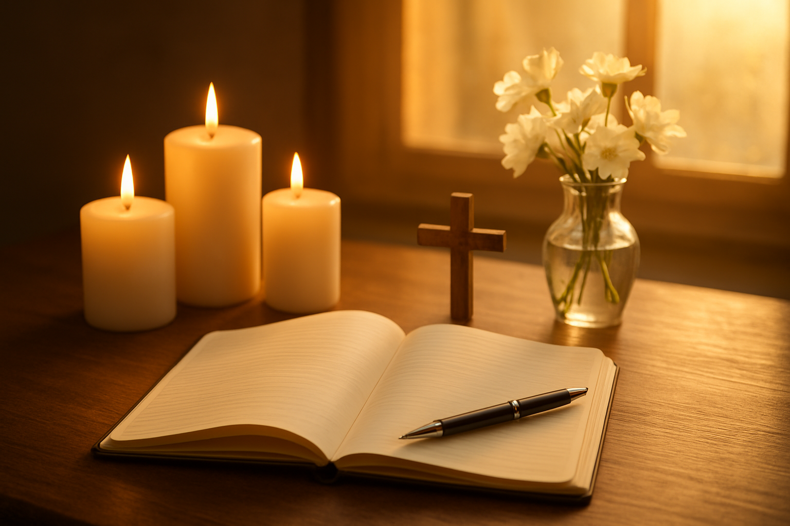 Create a realistic image of an open journal with a pen lying beside it on a wooden desk, surrounded by soft candlelight from white pillar candles, with a small wooden cross positioned nearby, fresh white flowers in a simple vase, and warm golden morning light streaming through a window in the background, creating a peaceful and contemplative atmosphere that suggests spiritual reflection and new beginnings, absolutely NO text should be in the scene.