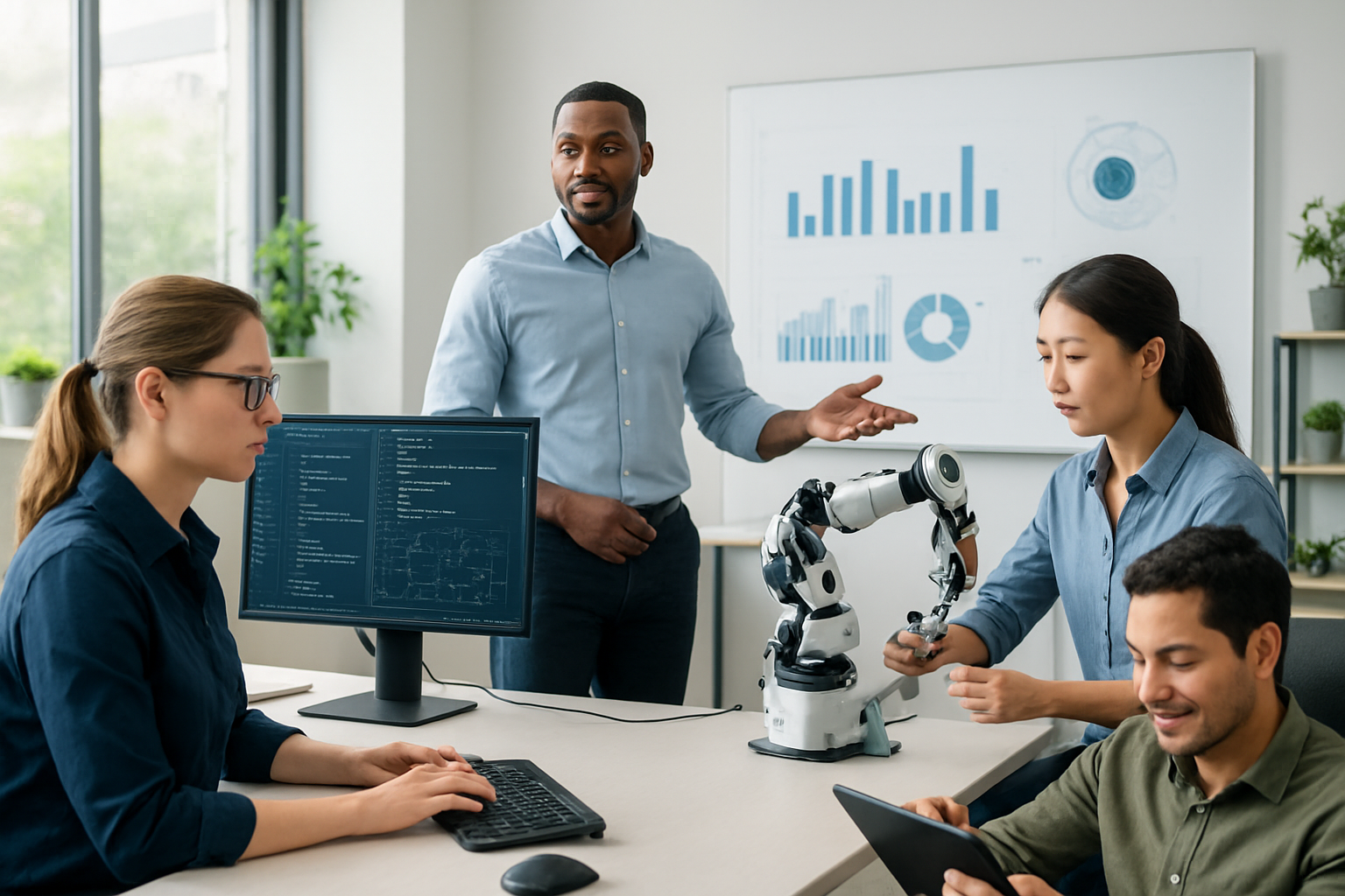 Create a realistic image of a diverse group of professionals in a modern office environment showcasing future-ready skills, including a white female using advanced computer programming on multiple monitors, a black male presenting data analytics on a digital whiteboard, an Asian female working with robotic equipment, and a Hispanic male engaged in creative design work on a tablet, with soft natural lighting from large windows, clean contemporary workspace with plants and technology integration, conveying confidence and adaptability in a collaborative atmosphere, absolutely NO text should be in the scene.