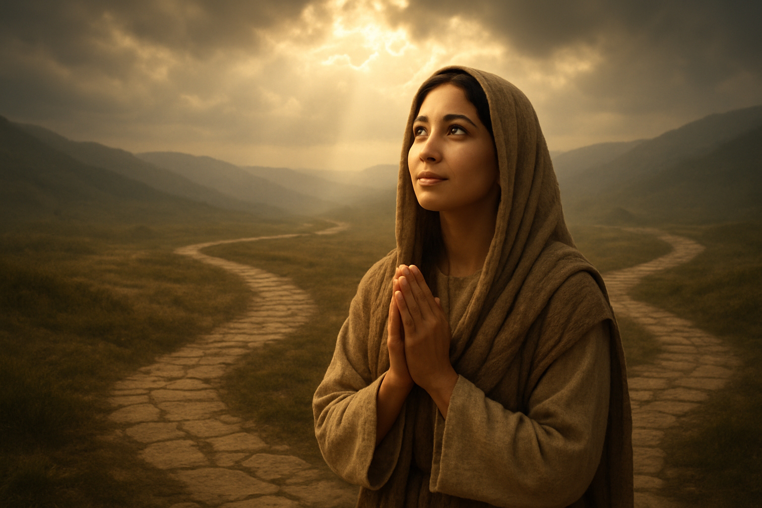 Create a realistic image of a young Middle Eastern woman in biblical-era clothing standing at a crossroads with multiple paths stretching into misty, uncertain terrain, her hands gently clasped in prayer position while looking upward with a peaceful, trusting expression, soft golden light breaking through dramatic clouds above illuminating her figure against the backdrop of rolling hills and an ancient stone path, conveying serenity and faith amid uncertainty, absolutely NO text should be in the scene.