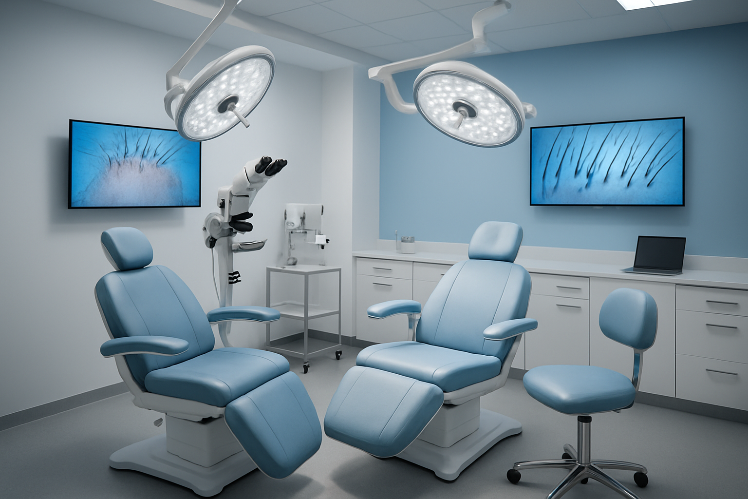 Create a realistic image of a modern medical clinic interior showcasing advanced hair transplant equipment and technology, featuring sleek surgical chairs, high-tech microscopes, precision surgical instruments on sterile trays, digital monitoring screens displaying follicle analysis, LED surgical lights, clean white and blue medical environment with contemporary furnishing, professional medical atmosphere with soft clinical lighting, absolutely NO text should be in the scene.