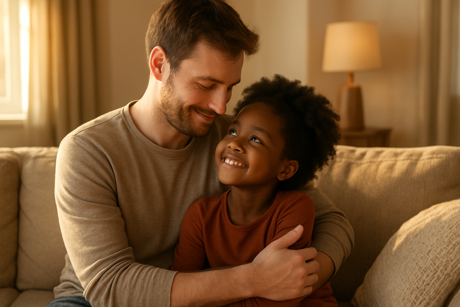Create a realistic image of a loving father, white male in his 30s, gently embracing his young child, black female around 6 years old, who is looking up at him with a bright, confident smile, both sitting on a comfortable couch in a warm, softly-lit living room with golden afternoon sunlight streaming through windows, creating a peaceful and nurturing atmosphere that conveys deep emotional connection and security, with the father's expression showing pure love and acceptance while the child radiates happiness and self-confidence, surrounded by a cozy home environment with soft furnishings and warm colors. Absolutely NO text should be in the scene.