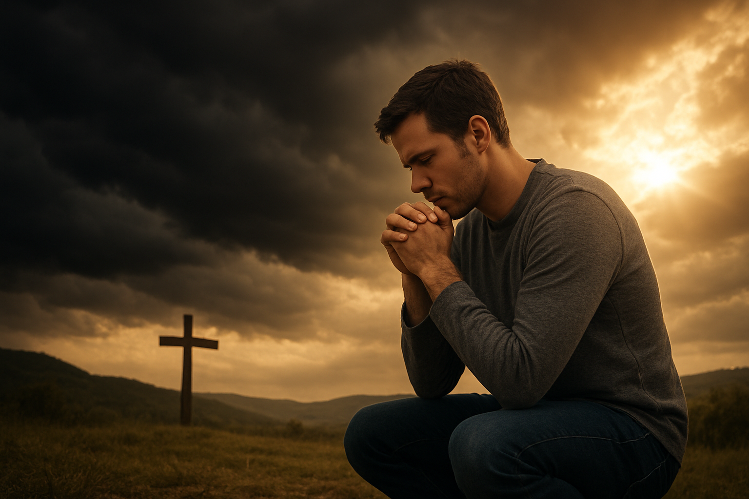 Create a realistic image of a person kneeling in prayer with a contemplative expression, facing obstacles represented by dark storm clouds in the sky above, while golden sunlight breaks through the clouds on one side suggesting hope and divine guidance, with a simple wooden cross visible in the soft-focused background, set in a peaceful outdoor environment with gentle hills, conveying a mood of spiritual determination and perseverance through challenges, absolutely NO text should be in the scene.