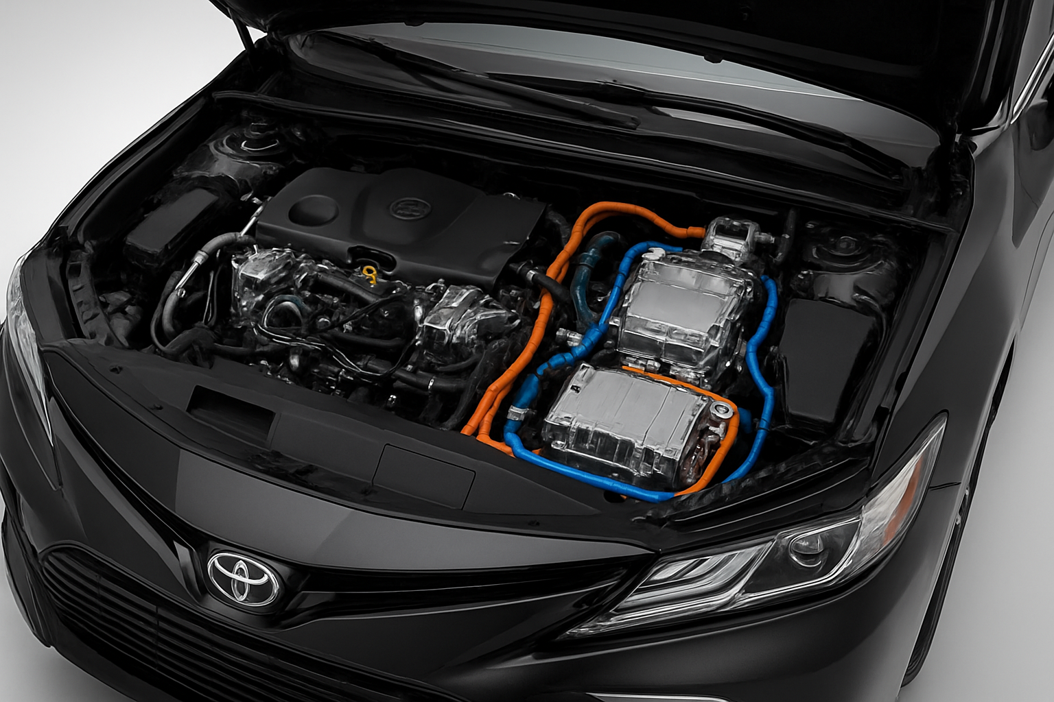 Create a realistic image of a cutaway view of a 2025 Toyota Camry engine bay showcasing the hybrid powertrain system with visible electric motor, gasoline engine, battery pack, and connecting cables in blue and orange colors, set against a clean white background with professional automotive lighting highlighting the intricate mechanical components and advanced engineering details, absolutely NO text should be in the scene.