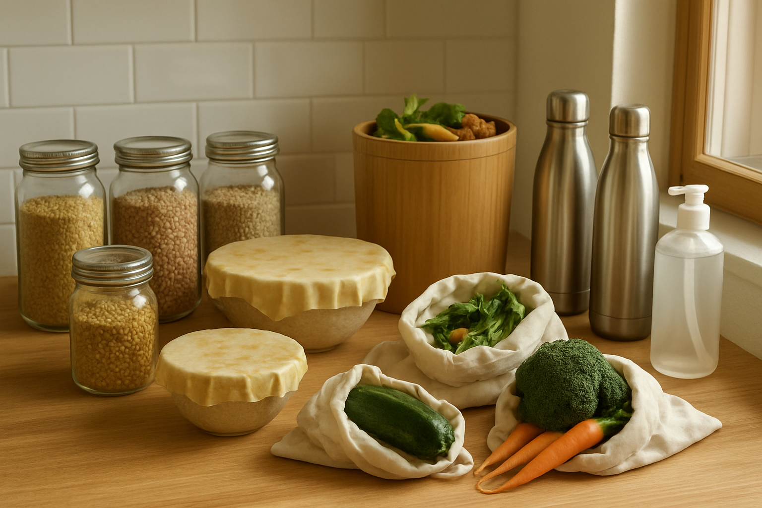 Create a realistic image of a modern kitchen counter showcasing zero-waste living strategies with glass mason jars filled with bulk grains and legumes, reusable beeswax food wraps covering bowls, a bamboo compost bin with organic scraps, stainless steel water bottles, cloth produce bags filled with fresh vegetables, and eco-friendly cleaning supplies in refillable containers, all arranged on a clean wooden surface with natural lighting from a nearby window creating a warm and sustainable atmosphere, absolutely NO text should be in the scene.