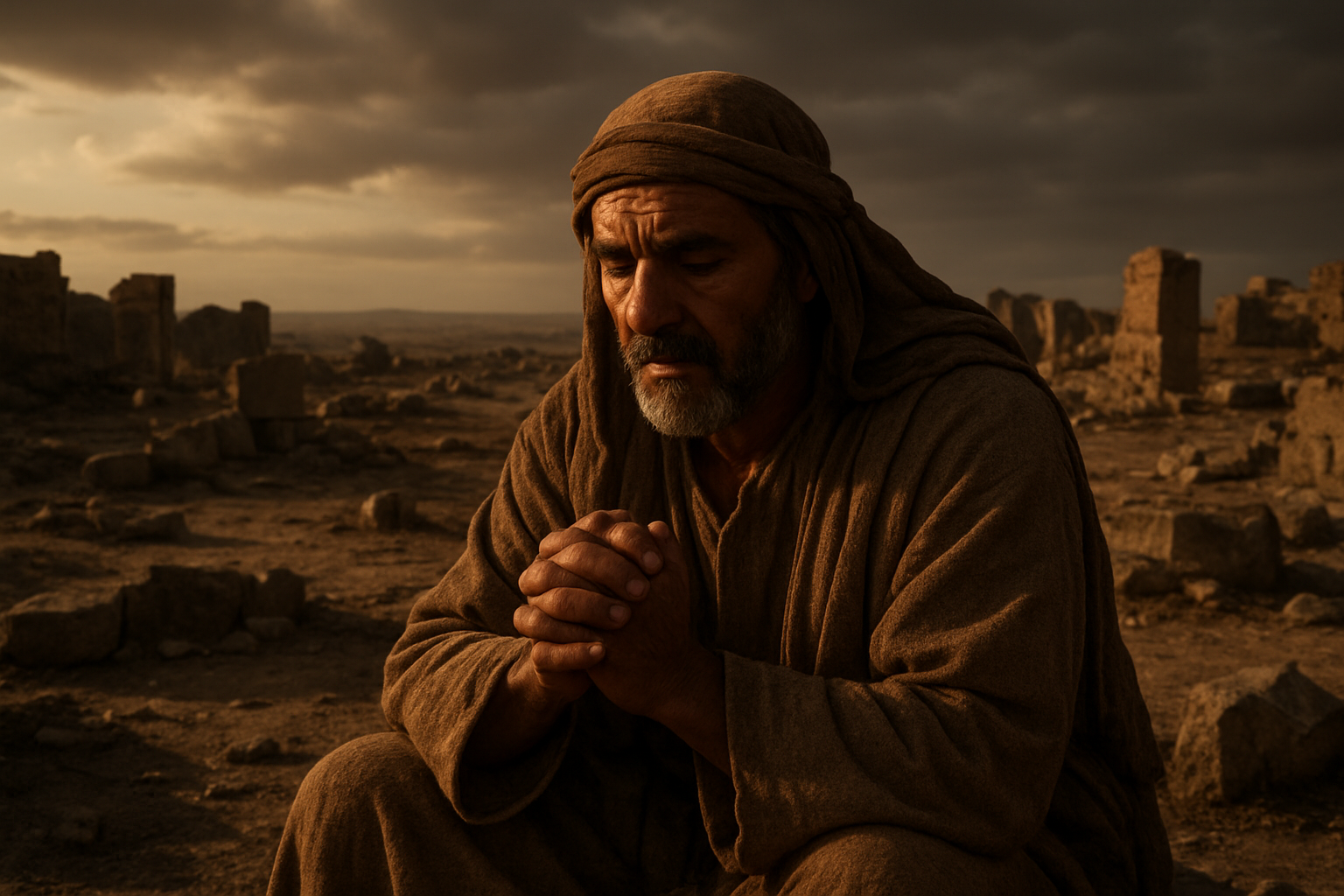 Create a realistic image of a Middle Eastern male father in ancient biblical robes sitting quietly with his hands folded in prayer or contemplation, surrounded by a barren landscape with scattered ruins suggesting loss and hardship, his face showing deep lines of suffering but also resilience and faith, with dramatic lighting casting long shadows across the scene to emphasize the weight of his trials, while maintaining a sense of dignity and patience in his posture and expression. Absolutely NO text should be in the scene.