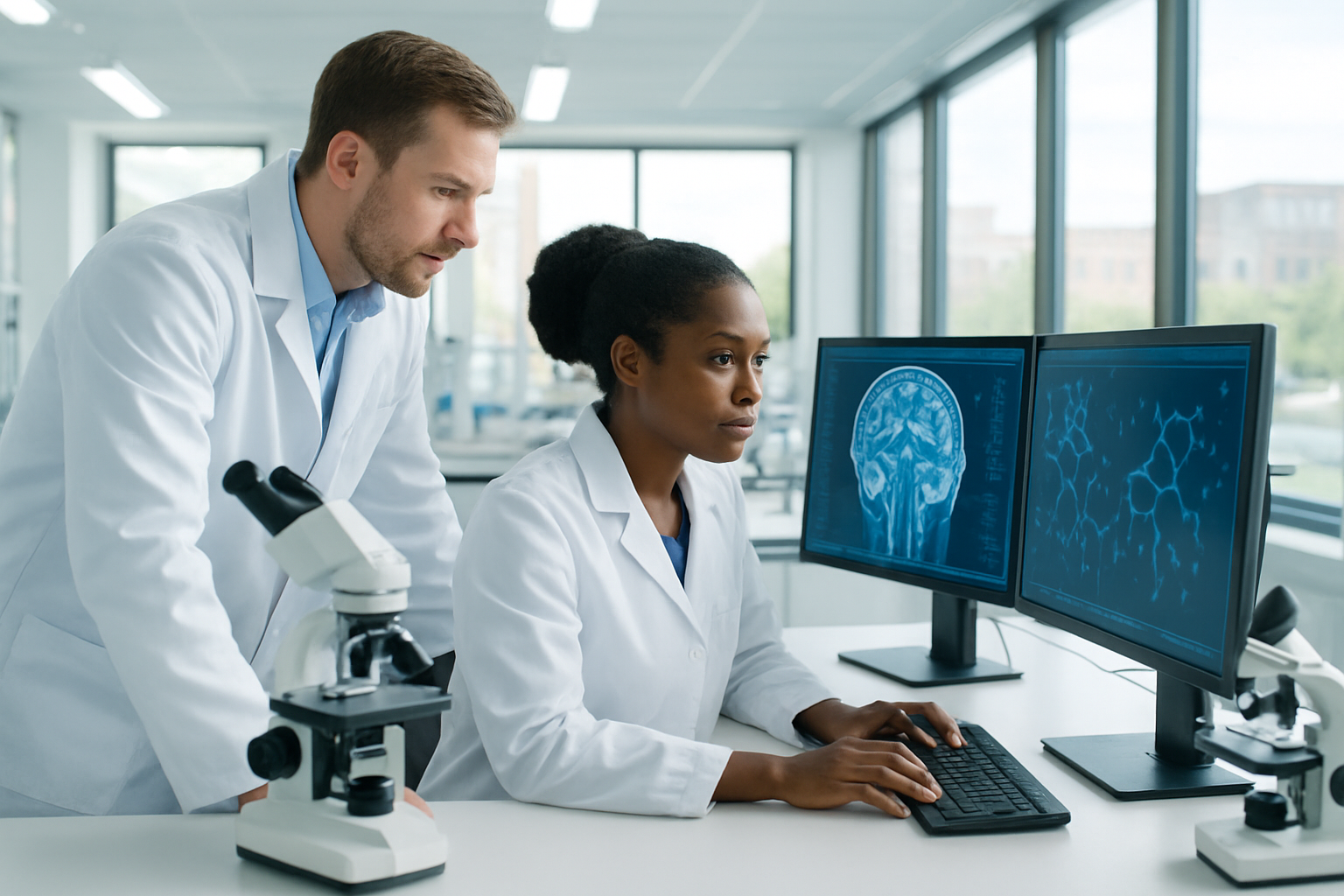 Create a realistic image of a modern scientific research laboratory with white male and black female researchers in lab coats examining data on computer screens displaying brain scans and molecular structures, with microscopes and scientific equipment on clean white tables, test tubes containing plant extracts in the foreground, bright fluorescent lighting creating a professional atmosphere, and large windows showing a university campus in the background, conveying hope and scientific progress. Absolutely NO text should be in the scene.