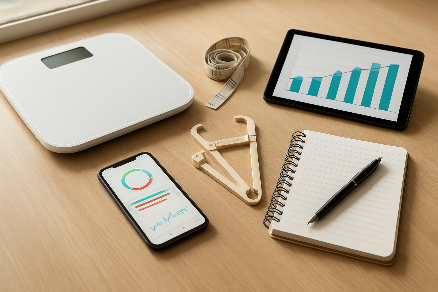 Create a realistic image of a clean, organized workspace showing various weight loss measurement tools including a digital bathroom scale, measuring tape, body fat calipers, a smartphone displaying a fitness tracking app, a notebook with a pen for recording measurements, and a tablet showing progress charts, all arranged on a light wooden surface with soft natural lighting from a nearby window, creating a motivational and professional atmosphere for health tracking. Absolutely NO text should be in the scene.