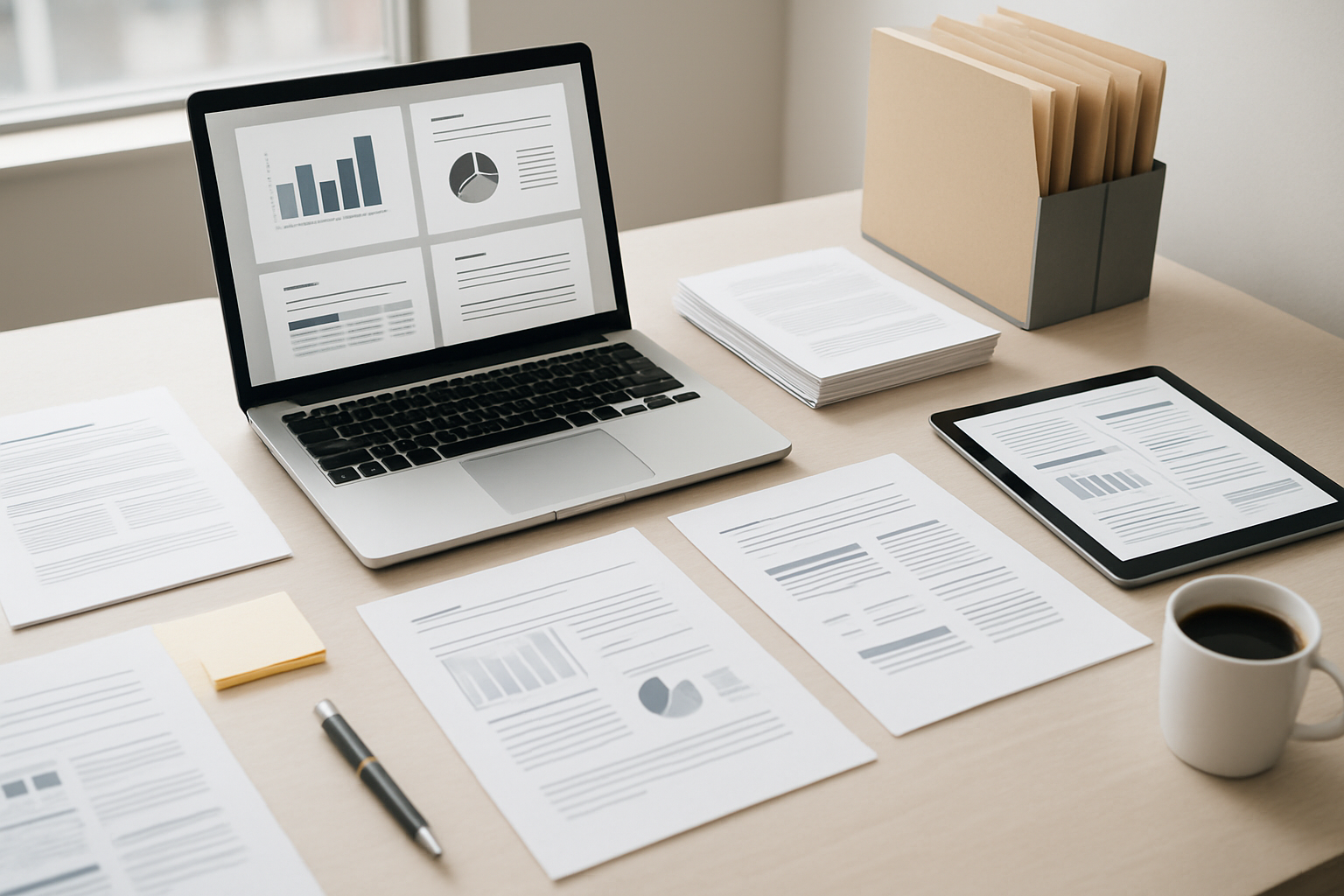 Create a realistic image of a modern office desk setup with organized business templates and documents spread out, featuring a sleek laptop displaying professional template designs, neat stacks of printed business forms and worksheets, a tablet showing digital templates, organized file folders, a coffee cup, and modern office supplies like pens and sticky notes, all arranged on a clean white or light wooden desk surface, with soft natural lighting from a nearby window creating a professional and productive atmosphere, absolutely NO text should be in the scene.